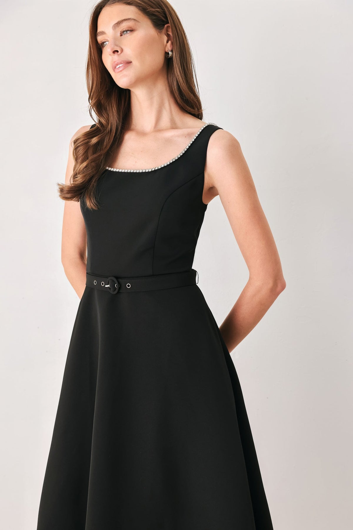 Flying Tomato Jeweled Noir Black Belted Midi Dress