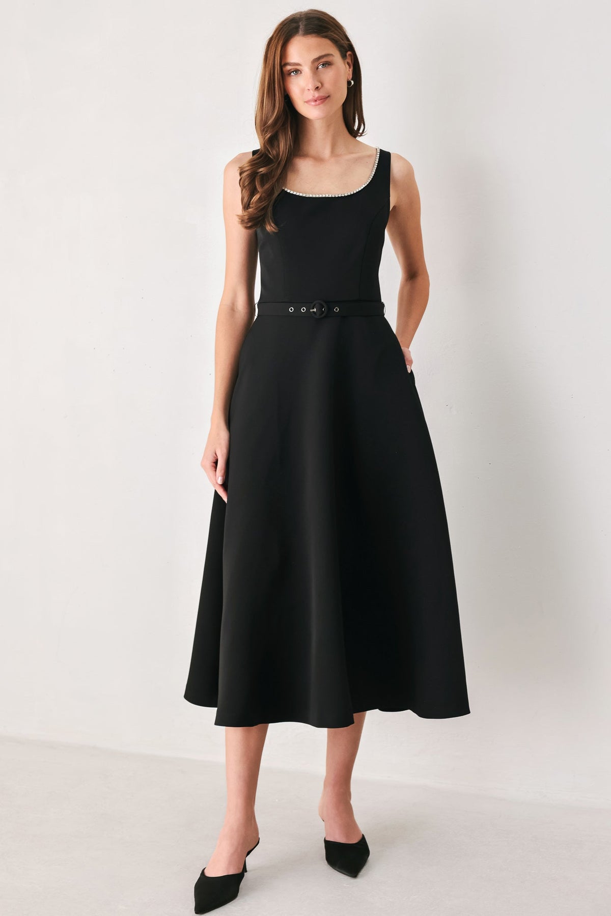 Flying Tomato Jeweled Noir Black Belted Midi Dress