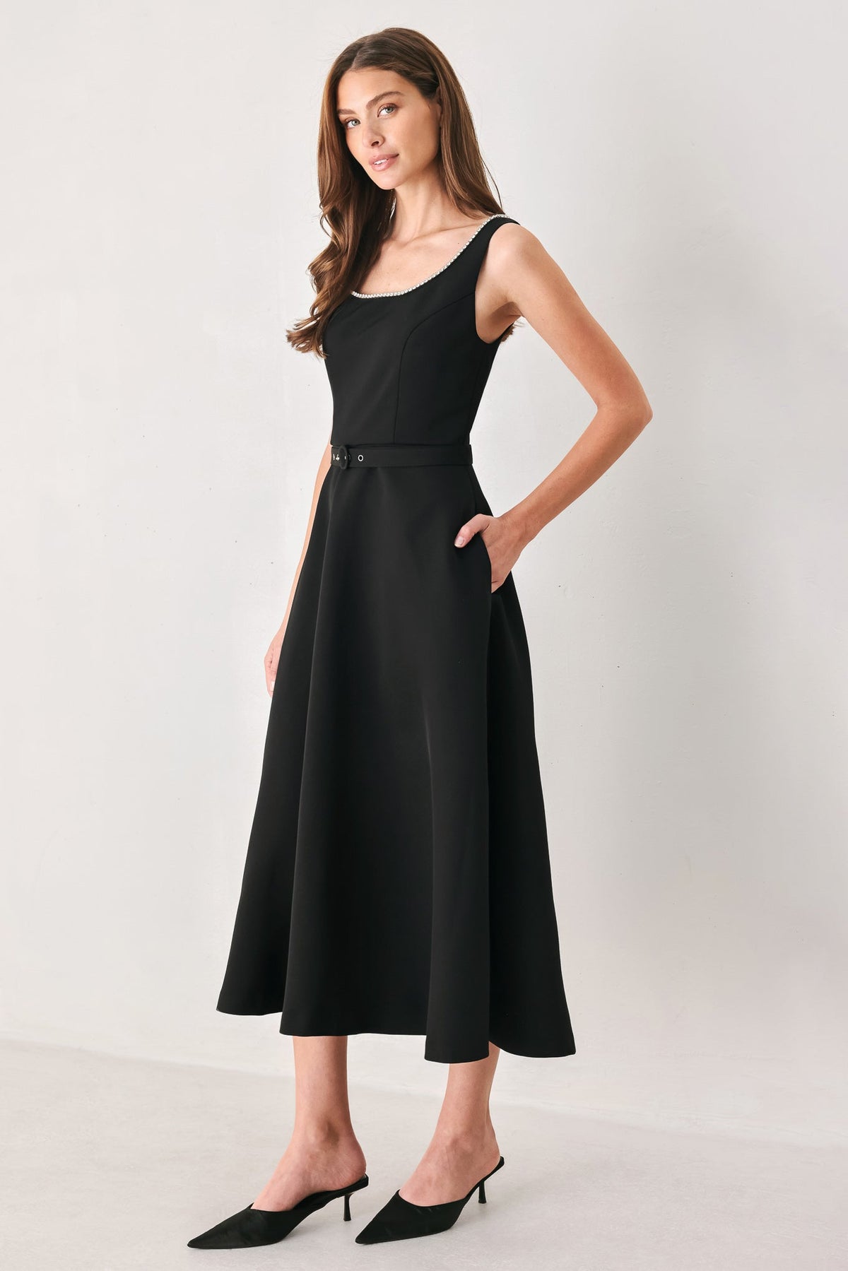 Flying Tomato Jeweled Noir Black Belted Midi Dress