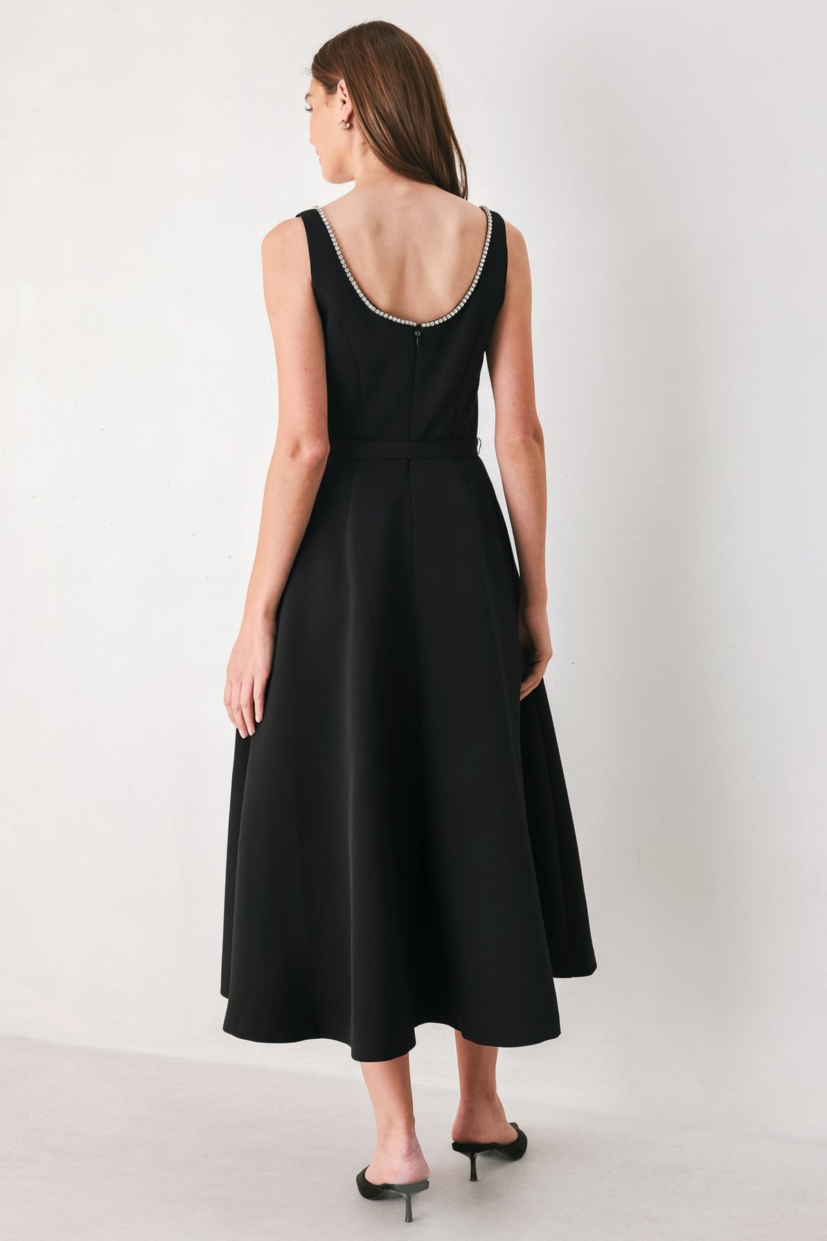 Flying Tomato Jeweled Noir Black Belted Midi Dress