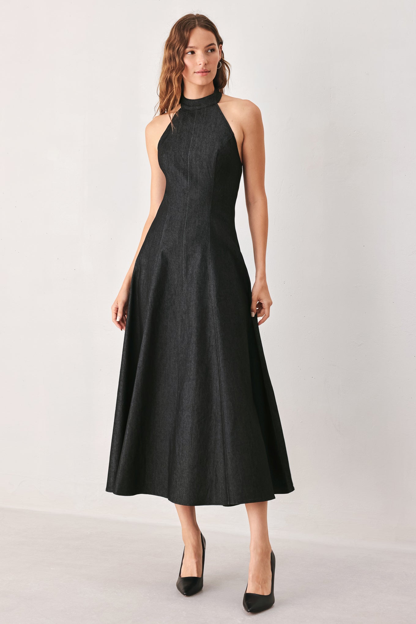 Flying Tomato After Dark Halter Denim Midi Dress