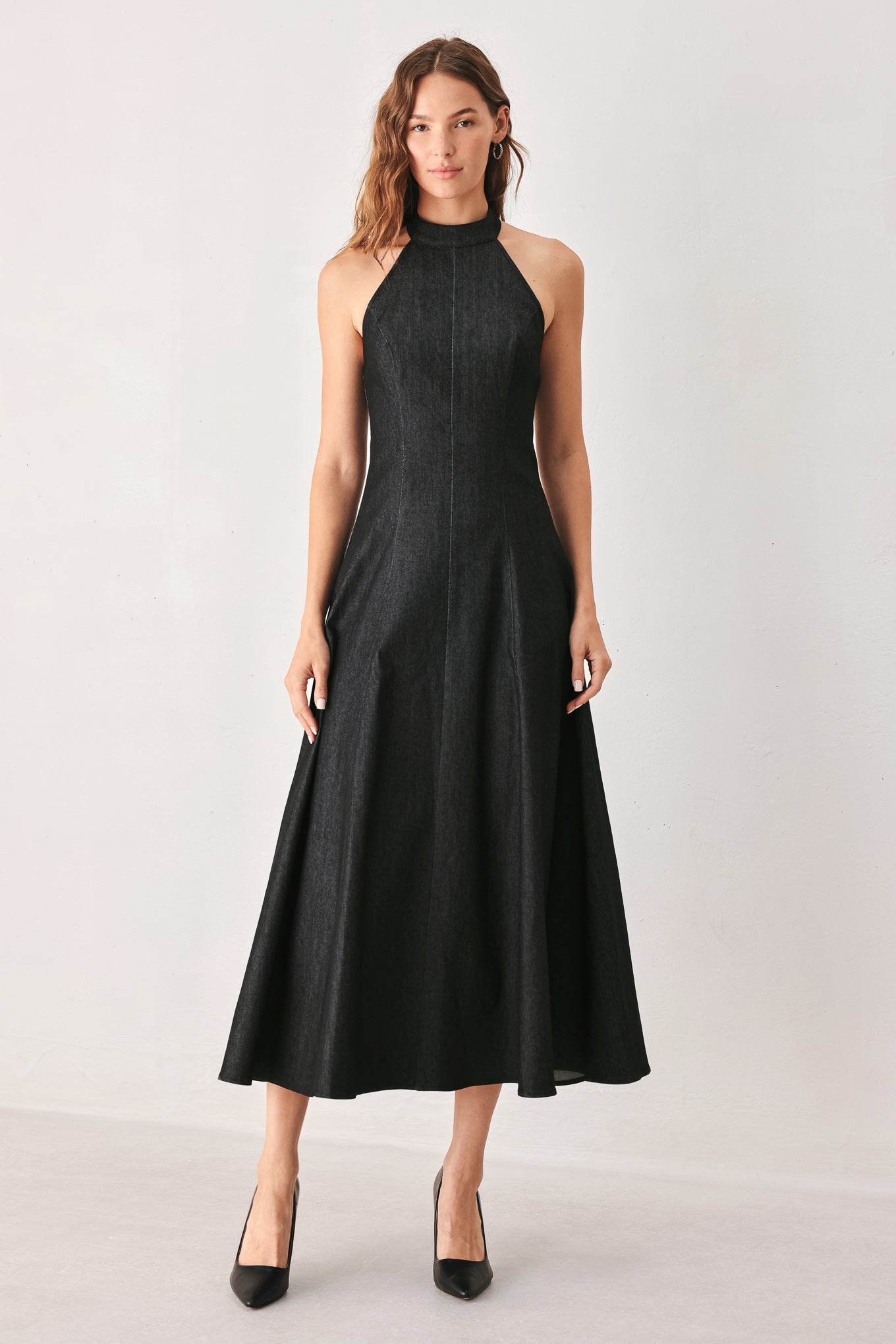 Flying Tomato After Dark Halter Denim Midi Dress