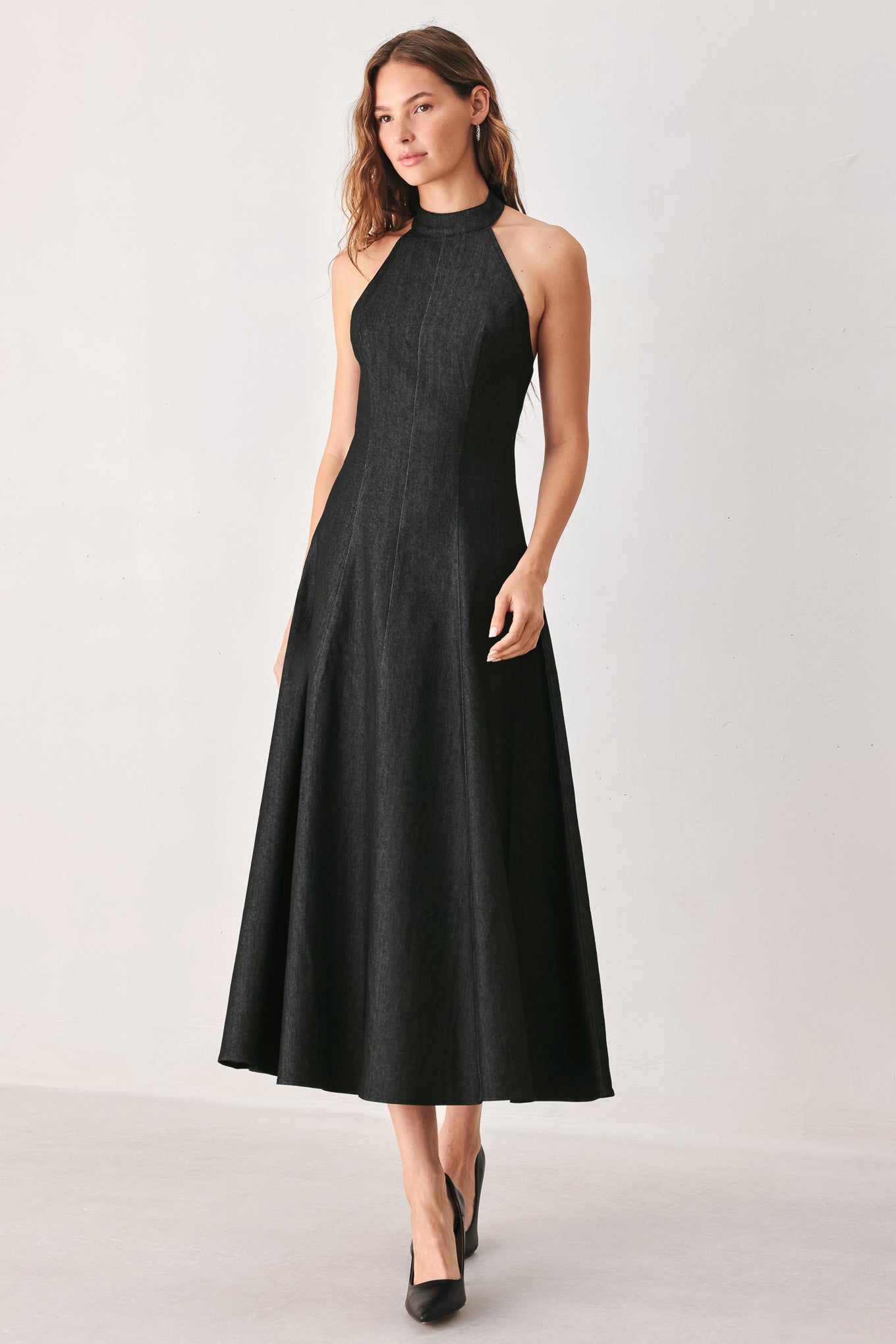 Flying Tomato After Dark Halter Denim Midi Dress