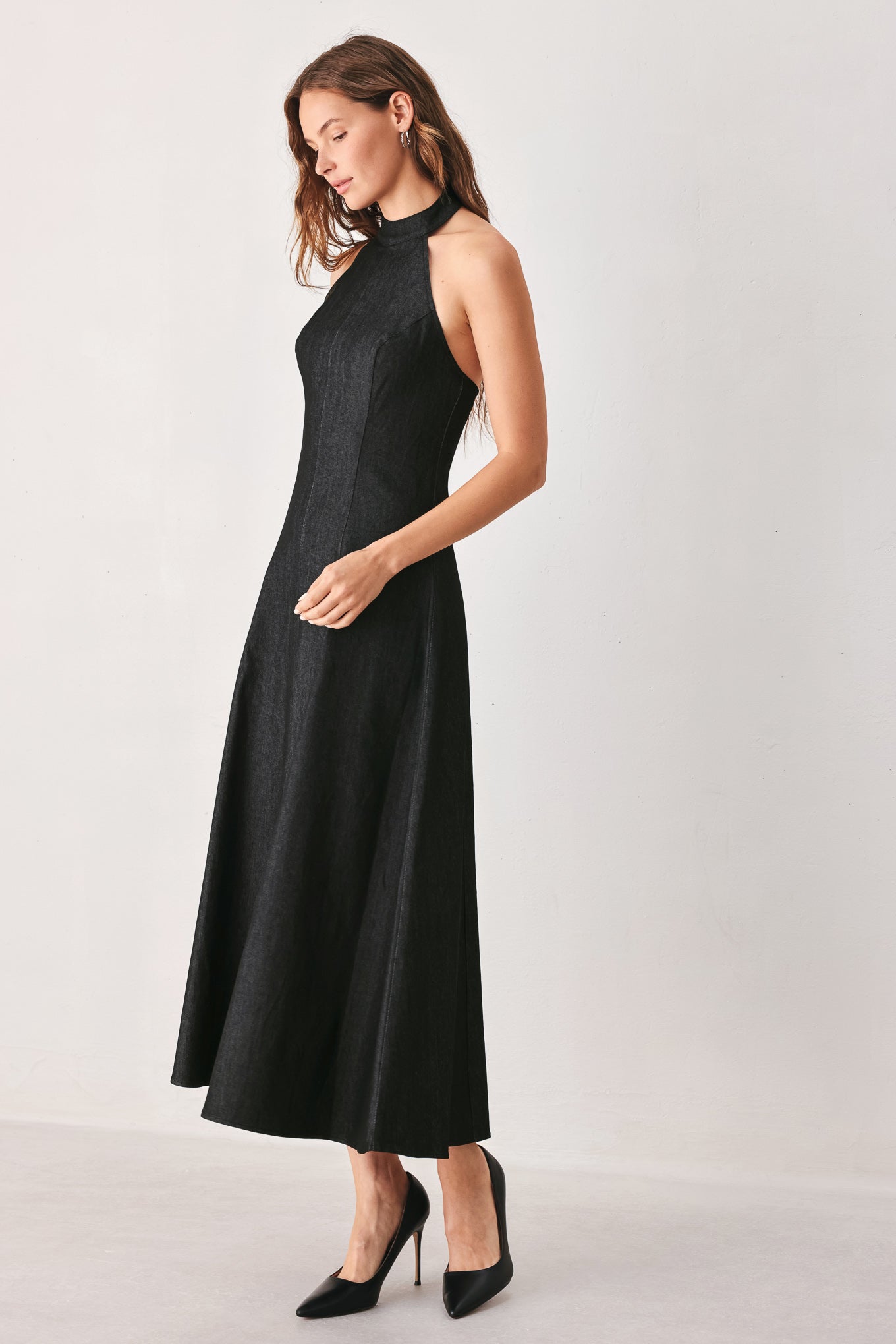 Flying Tomato After Dark Halter Denim Midi Dress