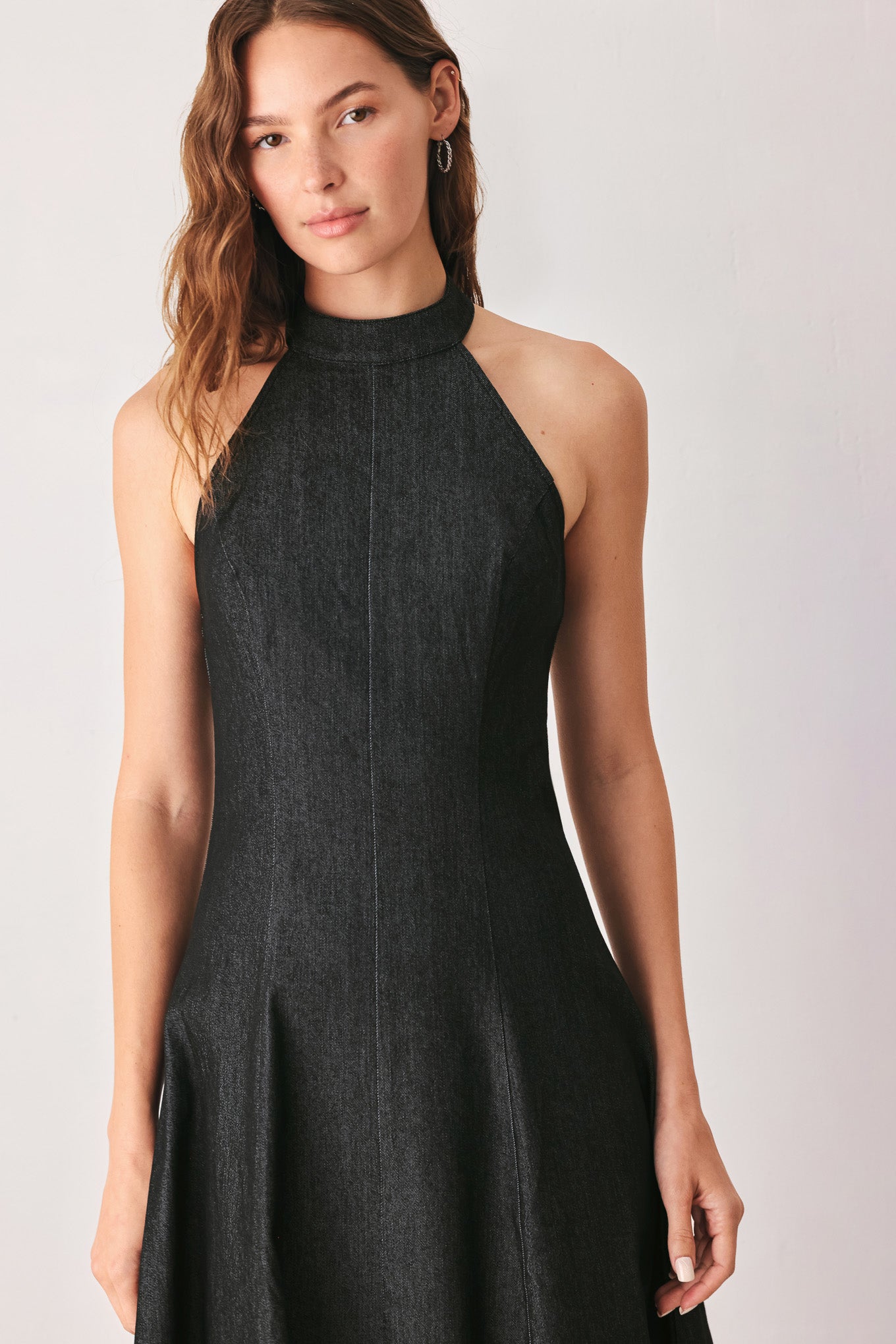 Flying Tomato After Dark Halter Denim Midi Dress