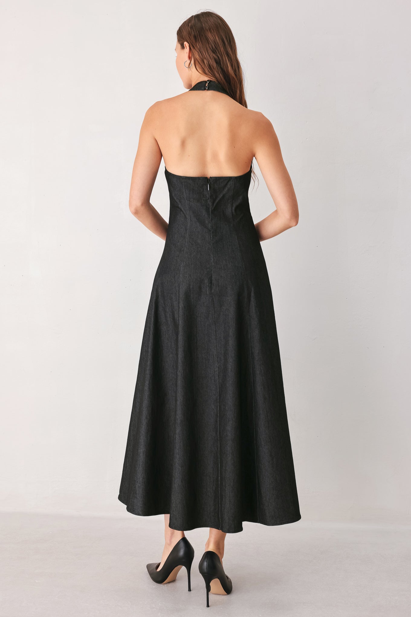 Flying Tomato After Dark Halter Denim Midi Dress