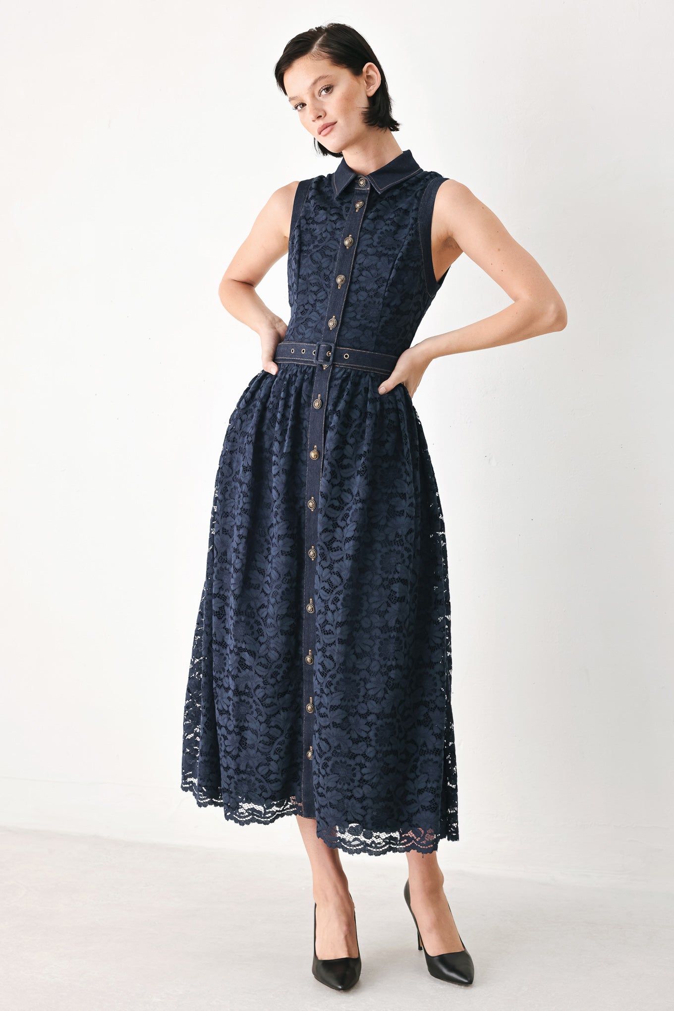 Flying Tomato | Navy Lace Denim Midi Dress