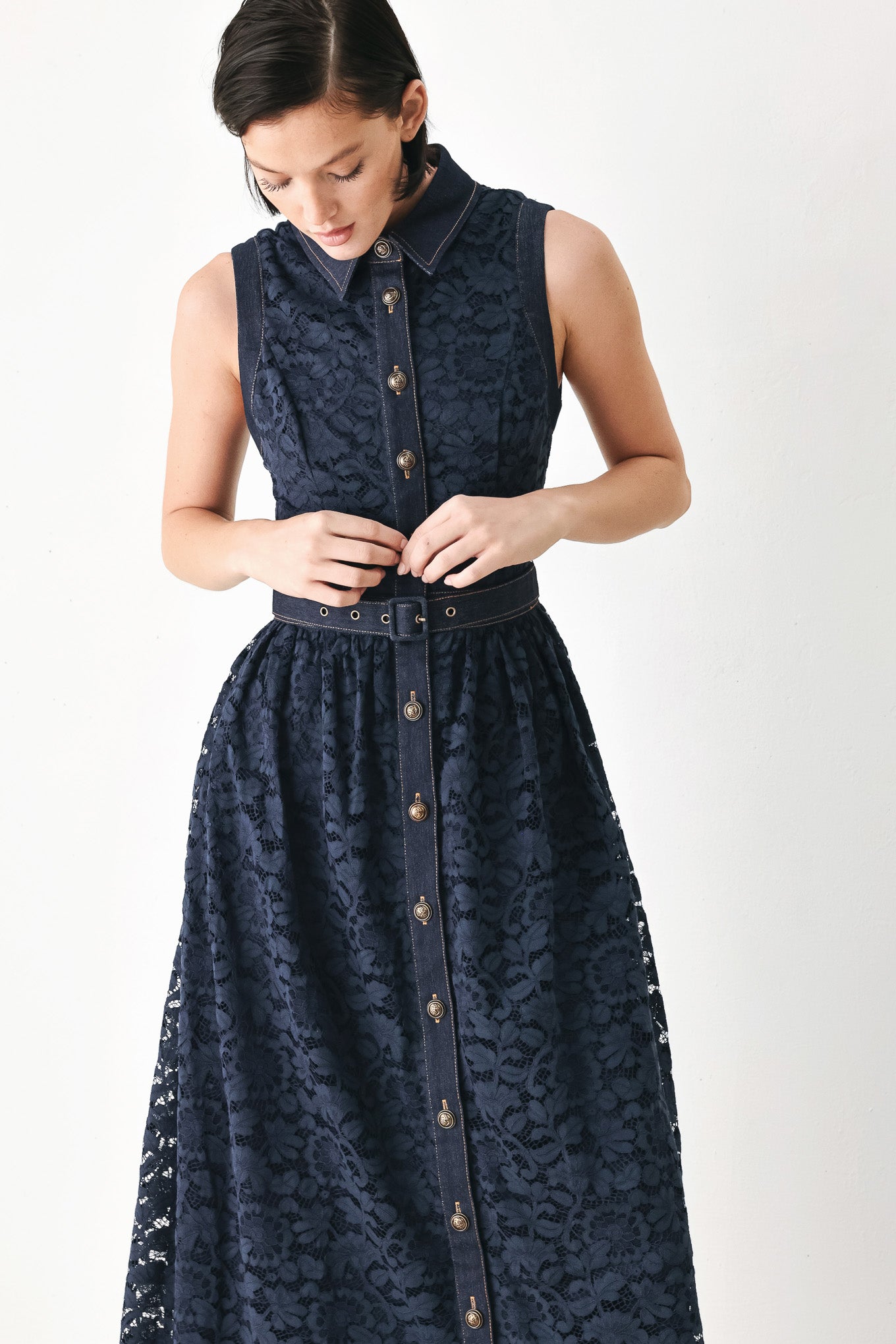 Flying Tomato | Navy Lace Denim Midi Dress