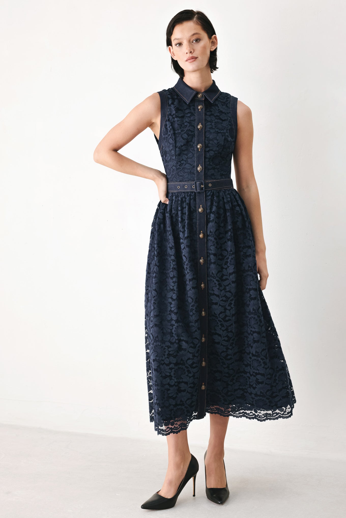 Flying Tomato | Navy Lace Denim Midi Dress