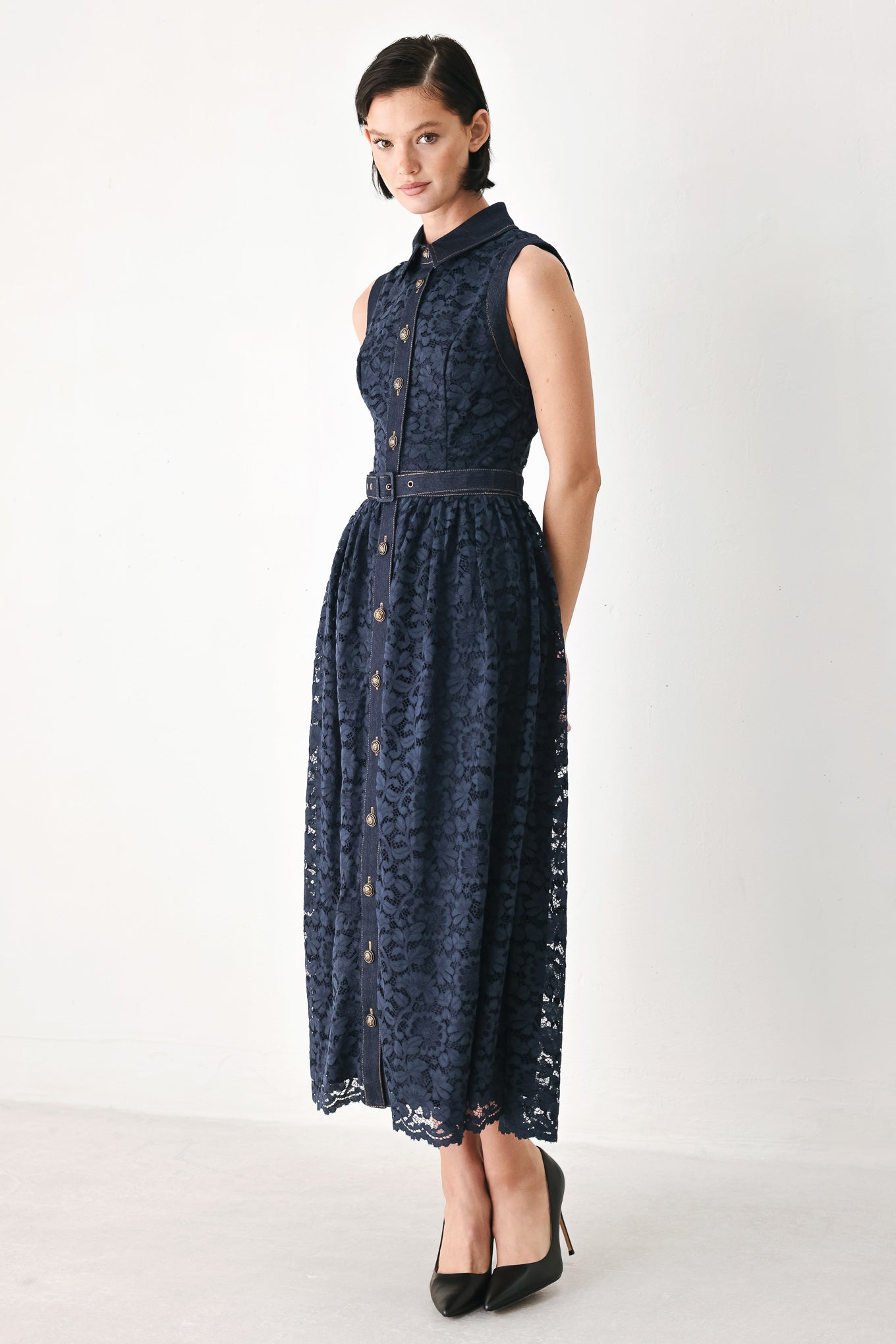 Flying Tomato | Navy Lace Denim Midi Dress