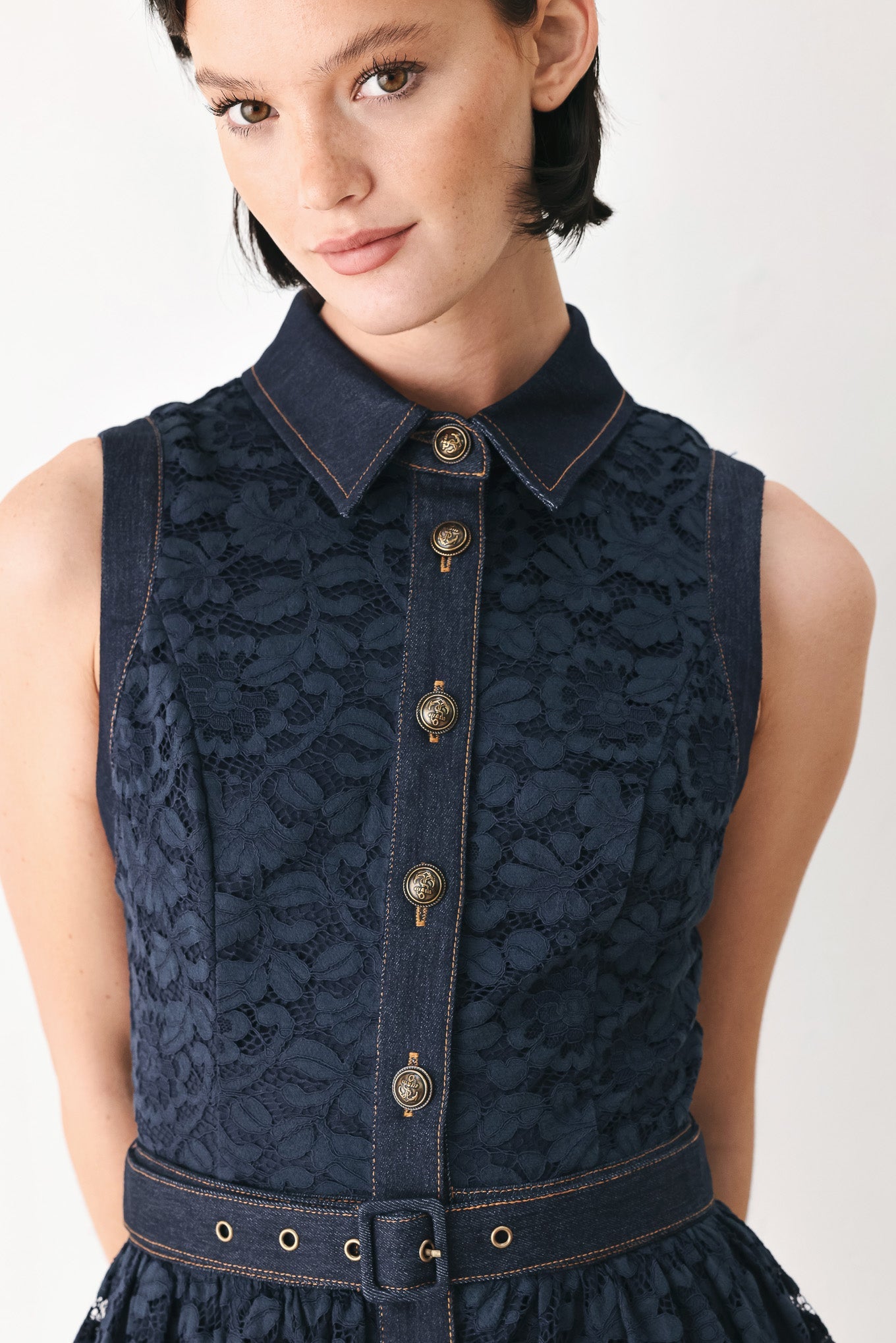 Flying Tomato | Navy Lace Denim Midi Dress