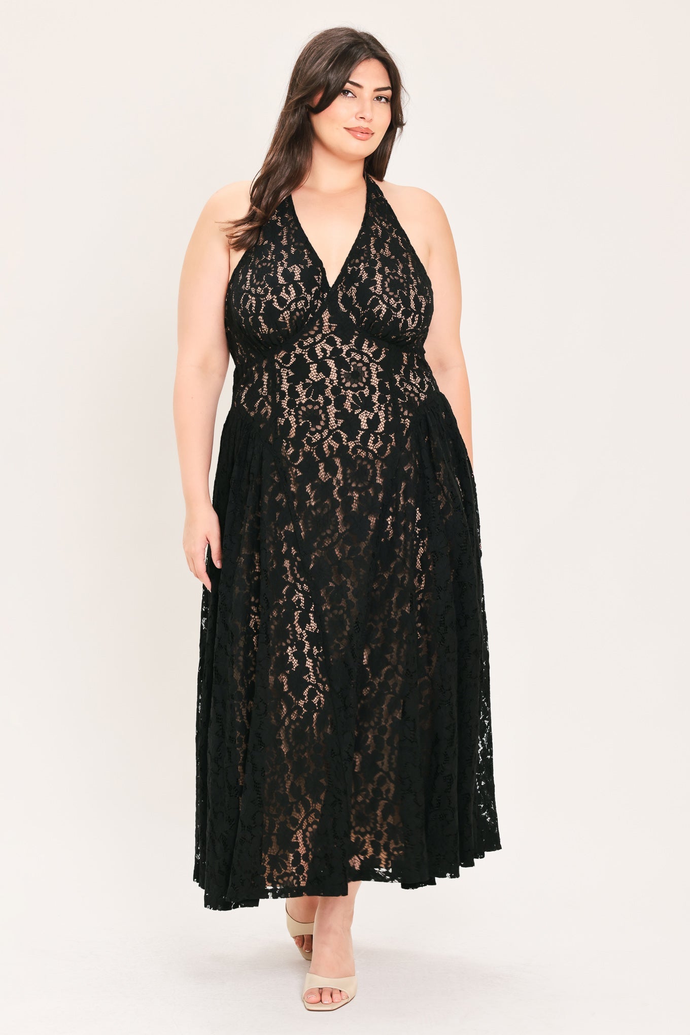 Flying Tomato | Black Lace Halter Midi Dress