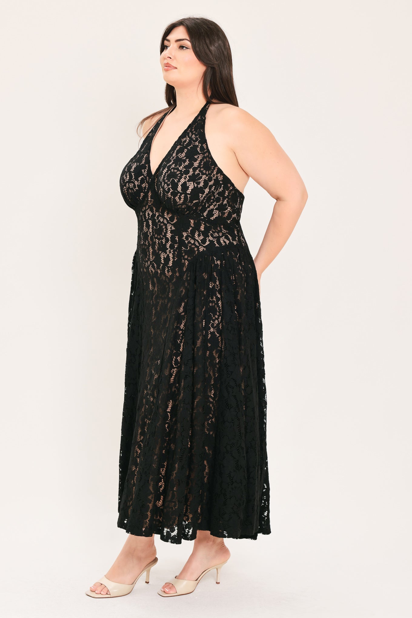 Flying Tomato | Black Lace Halter Midi Dress