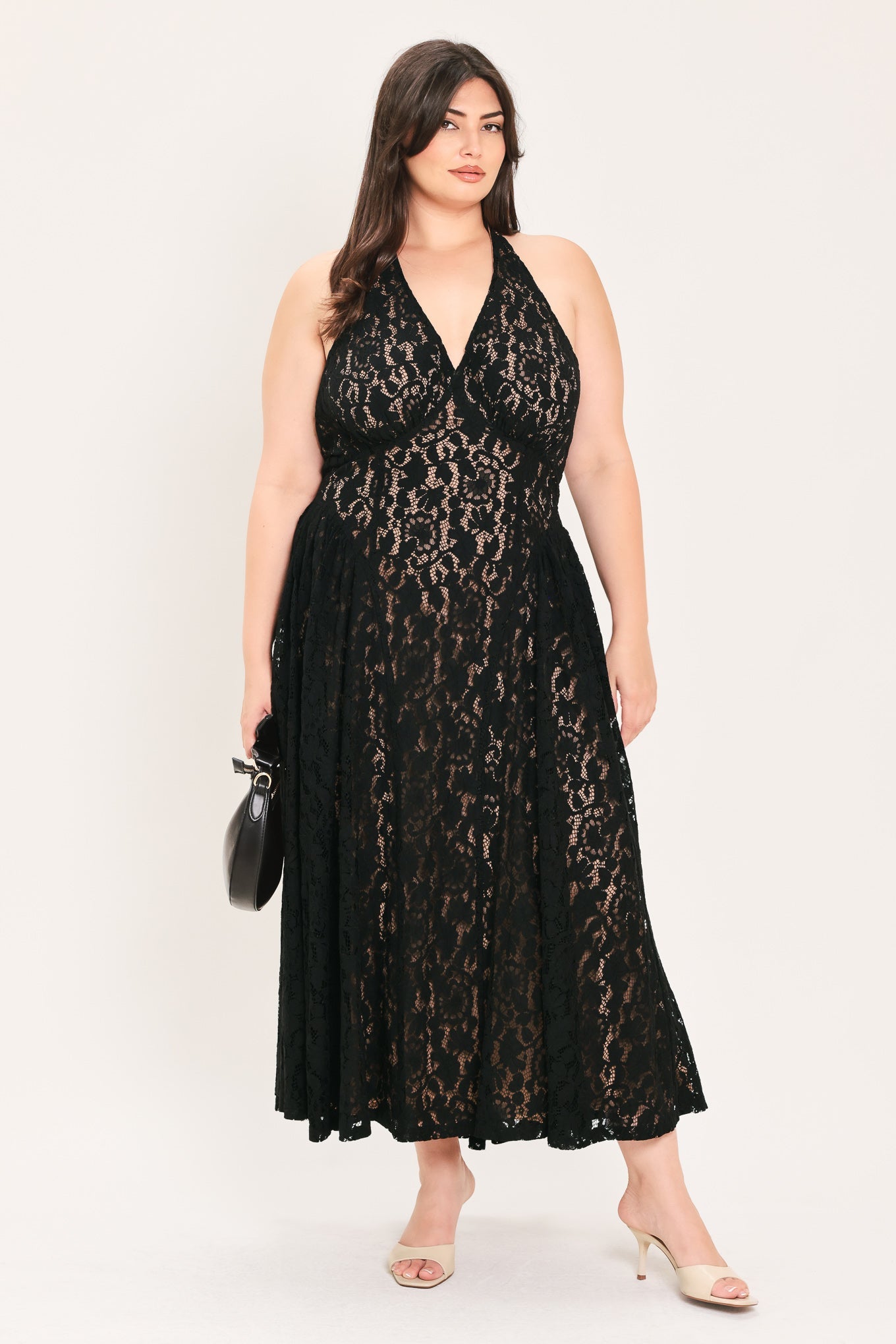 Flying Tomato | Black Lace Halter Midi Dress