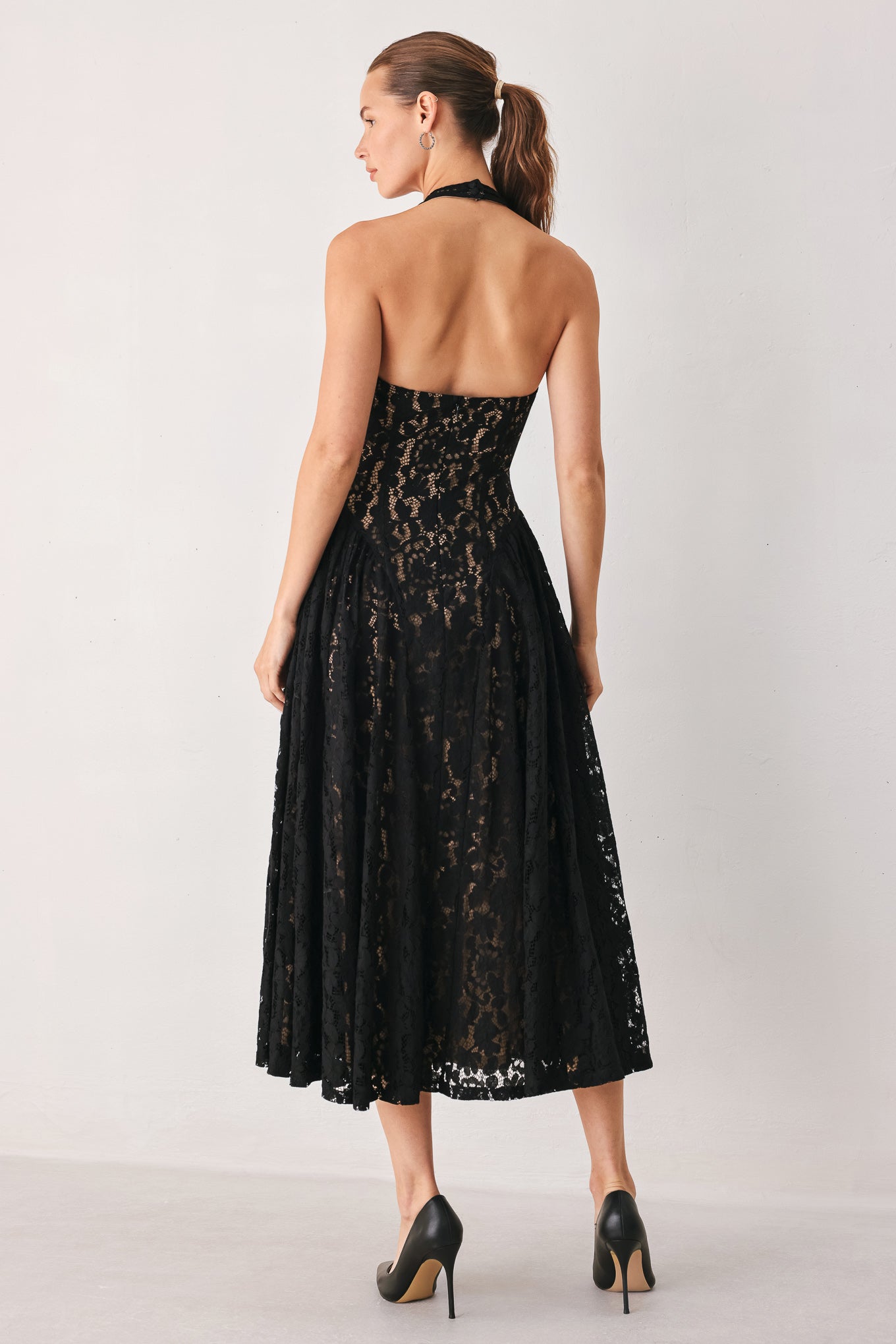Flying Tomato | Black Lace Halter Midi Dress