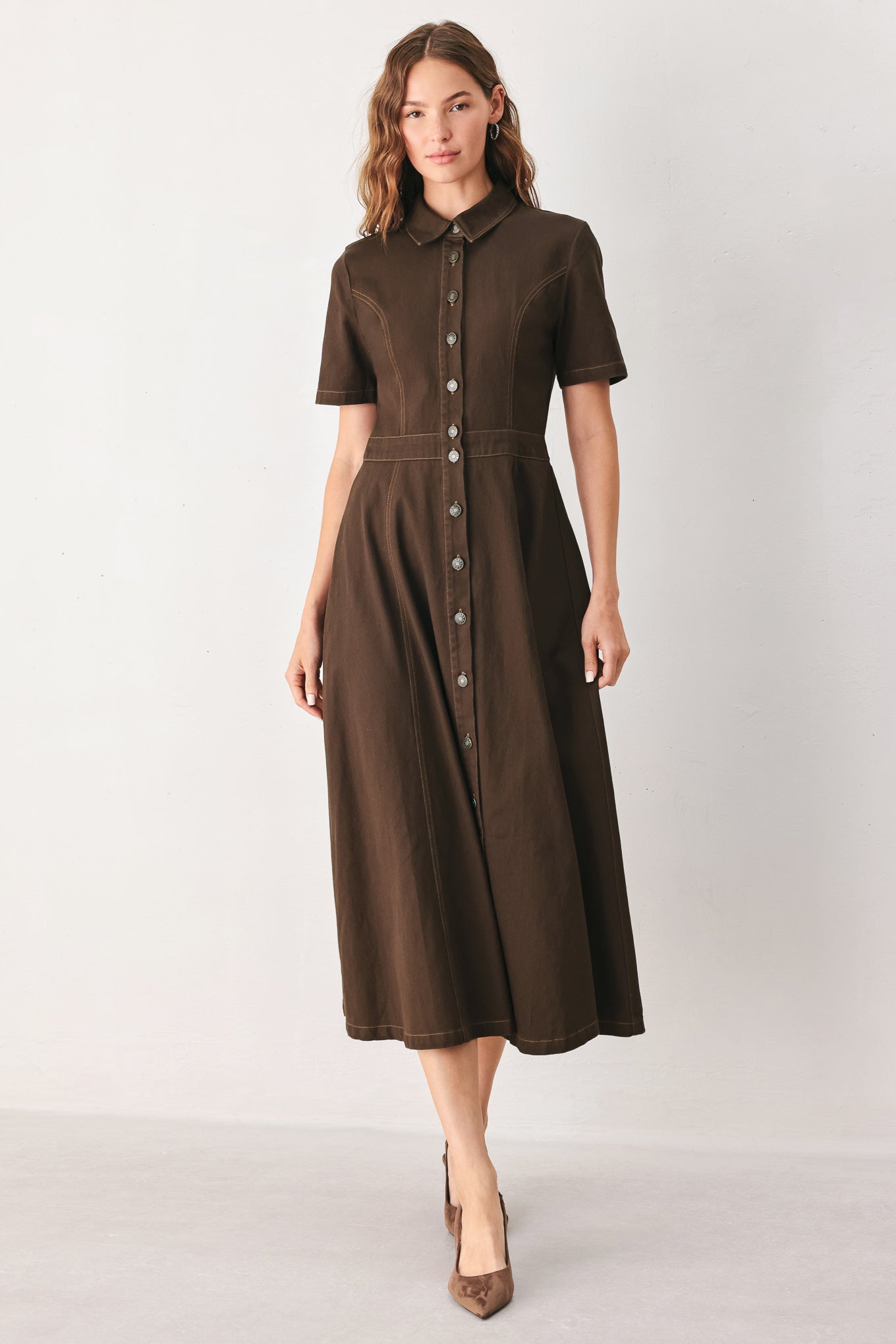 Flying Tomato | Brown Button Front Midi Shirt Dress