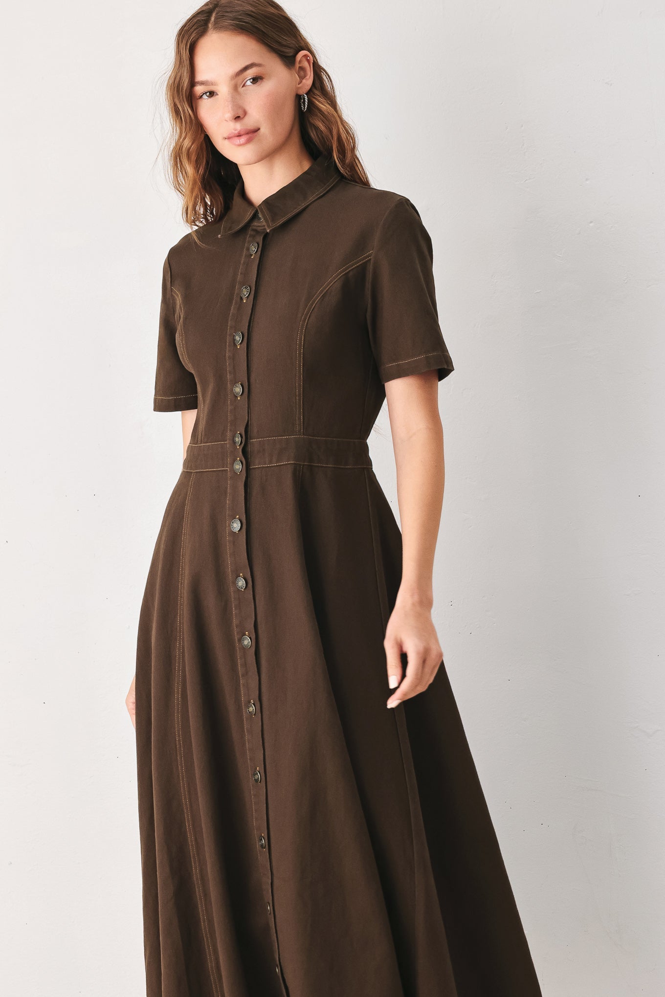 Flying Tomato | Brown Button Front Midi Shirt Dress