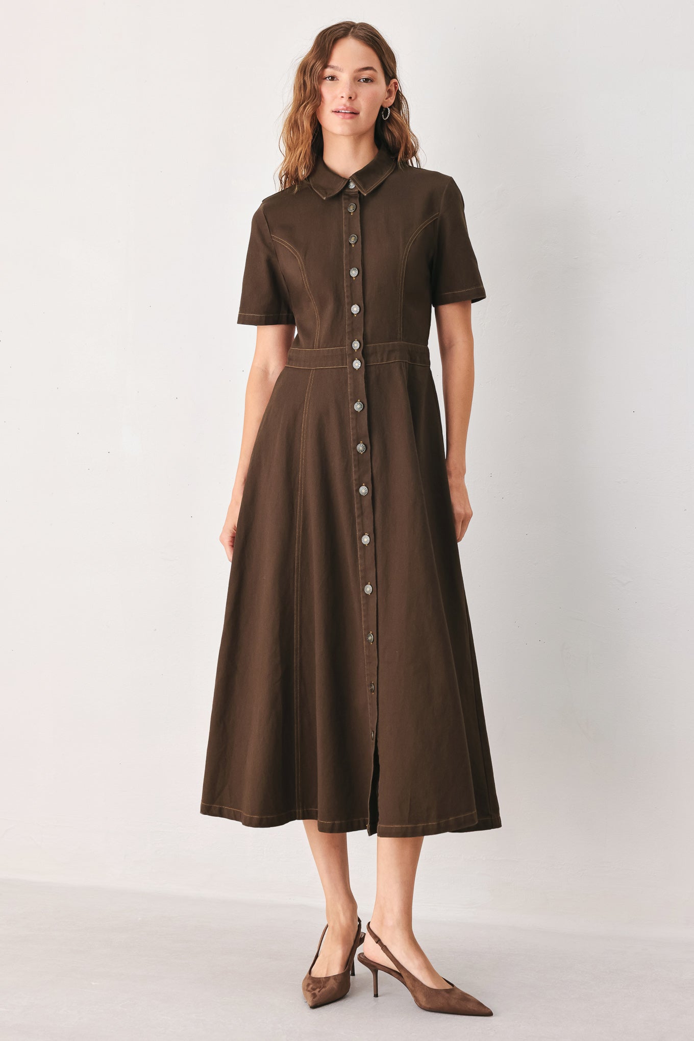 Flying Tomato | Brown Button Front Midi Shirt Dress