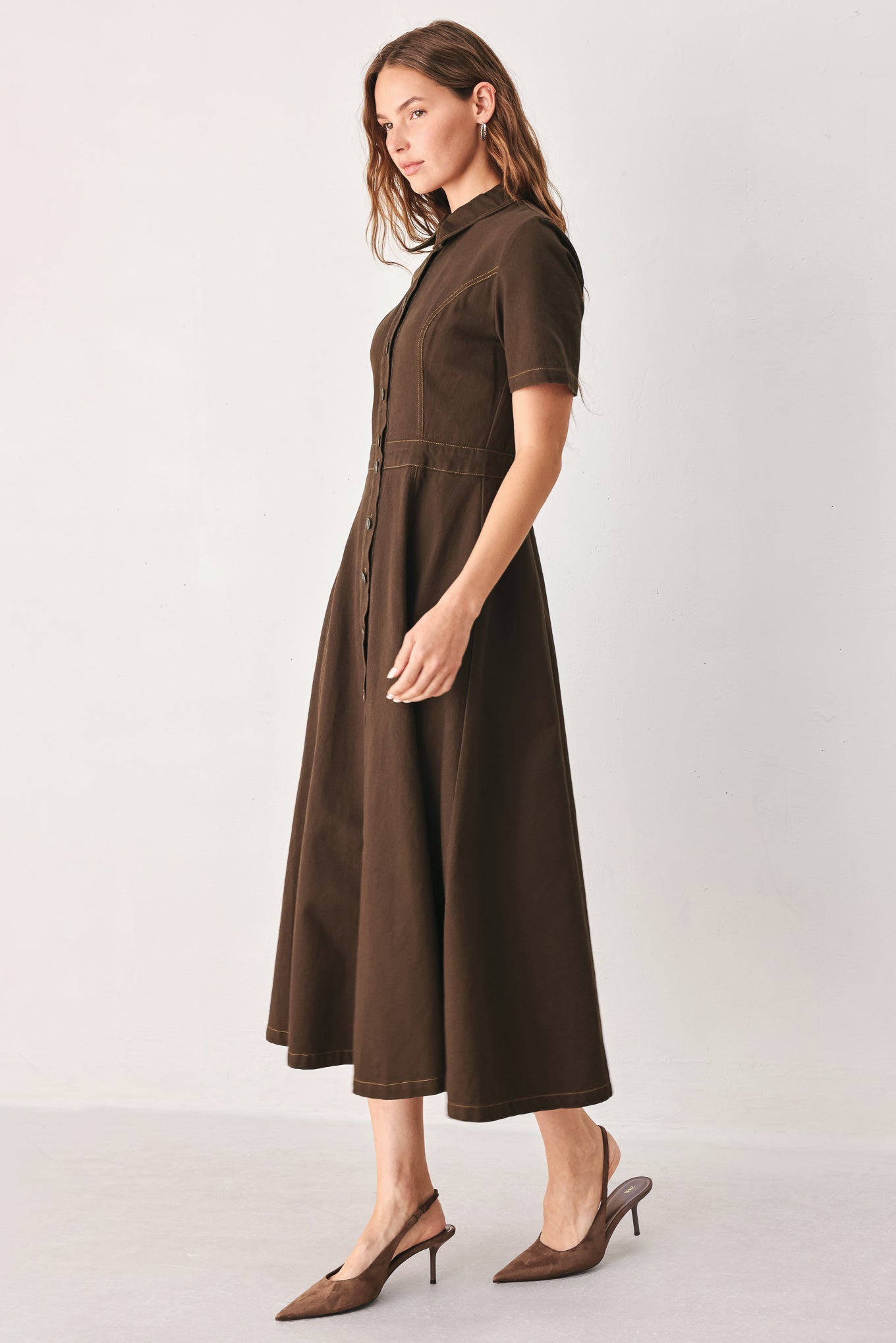 Flying Tomato | Brown Button Front Midi Shirt Dress