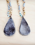 Amazonite & Crystal Long Beaded Necklace w/ Druzy Pendant