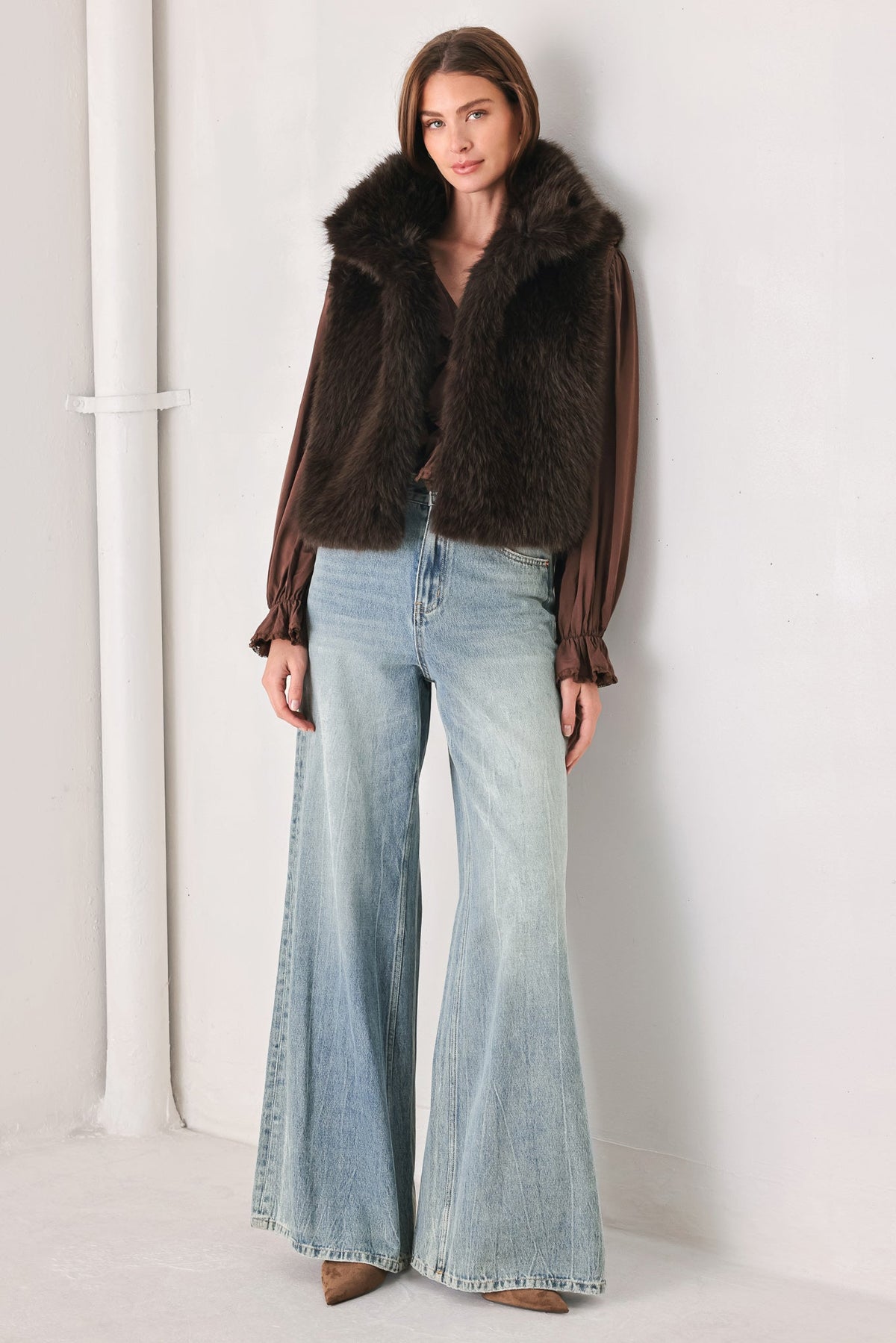 Flying Tomato Cocoa Plush Chocolate Brown Faux Fur Vest