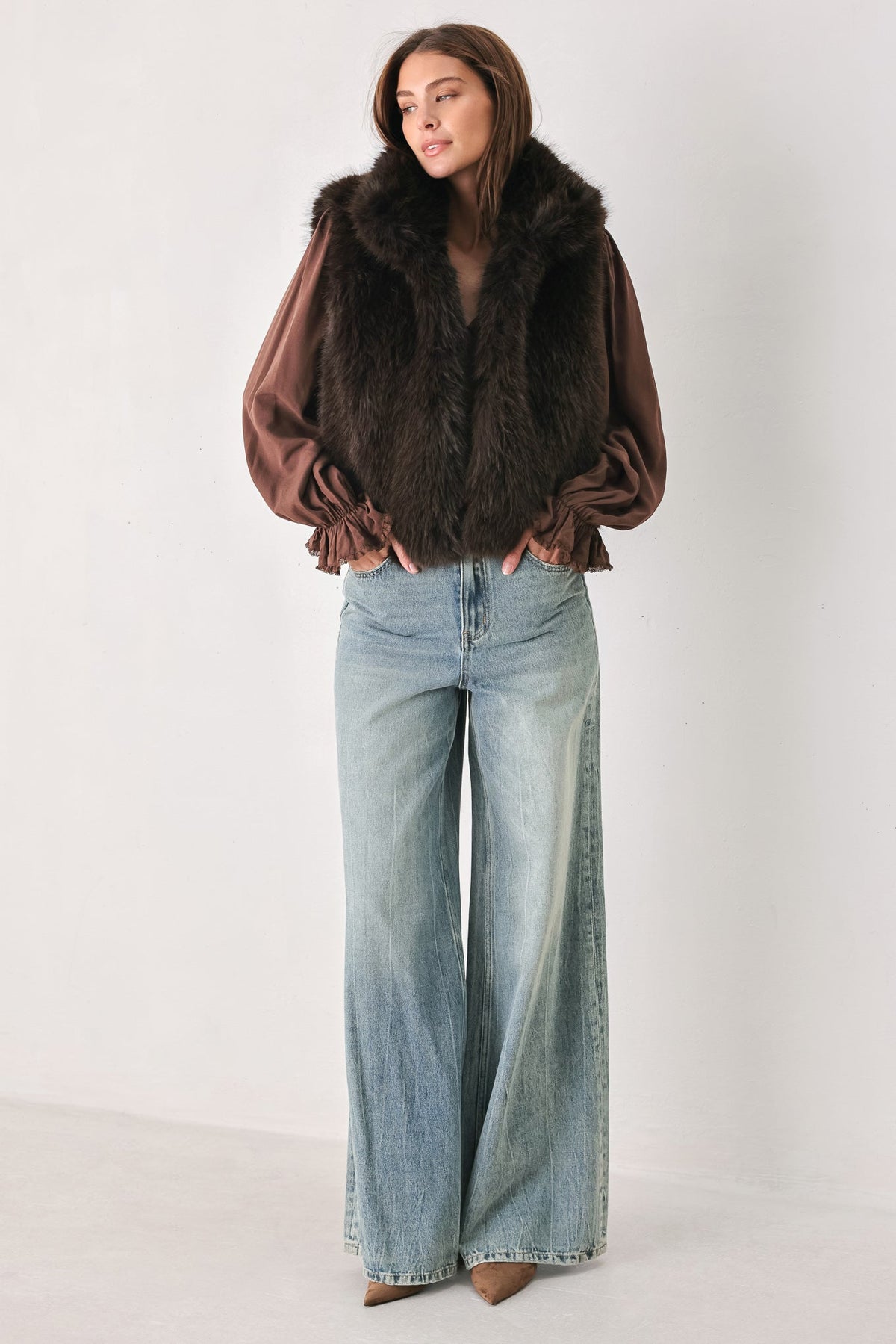 Flying Tomato Cocoa Plush Chocolate Brown Faux Fur Vest