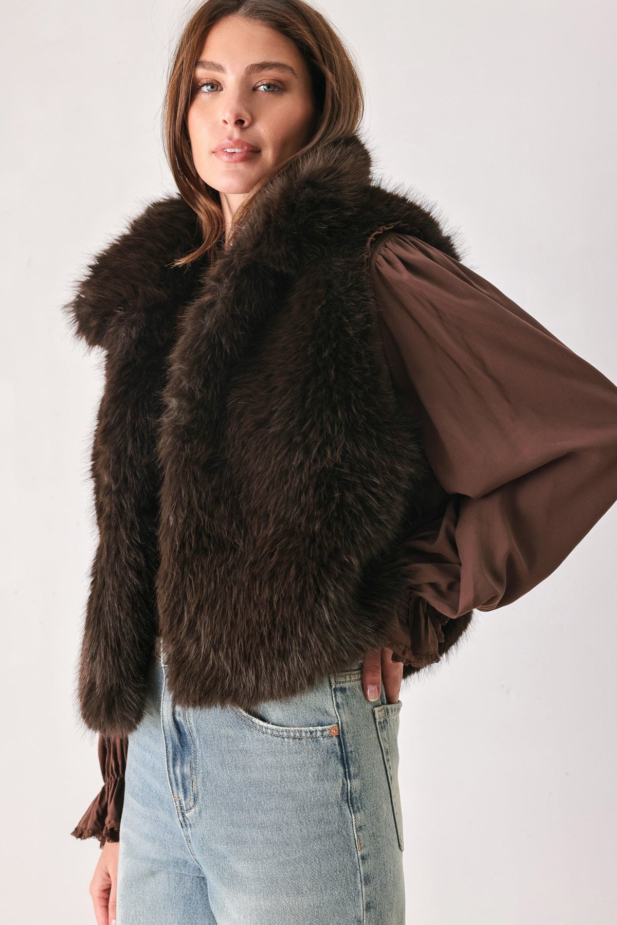 Flying Tomato Cocoa Plush Chocolate Brown Faux Fur Vest