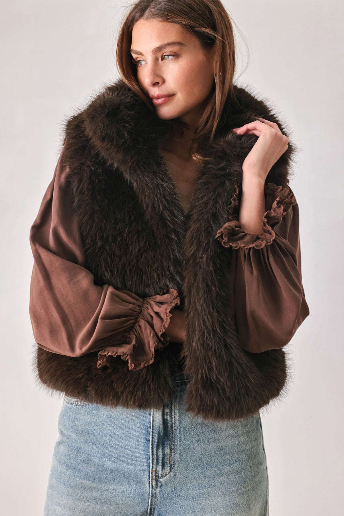 Flying Tomato Cocoa Plush Chocolate Brown Faux Fur Vest