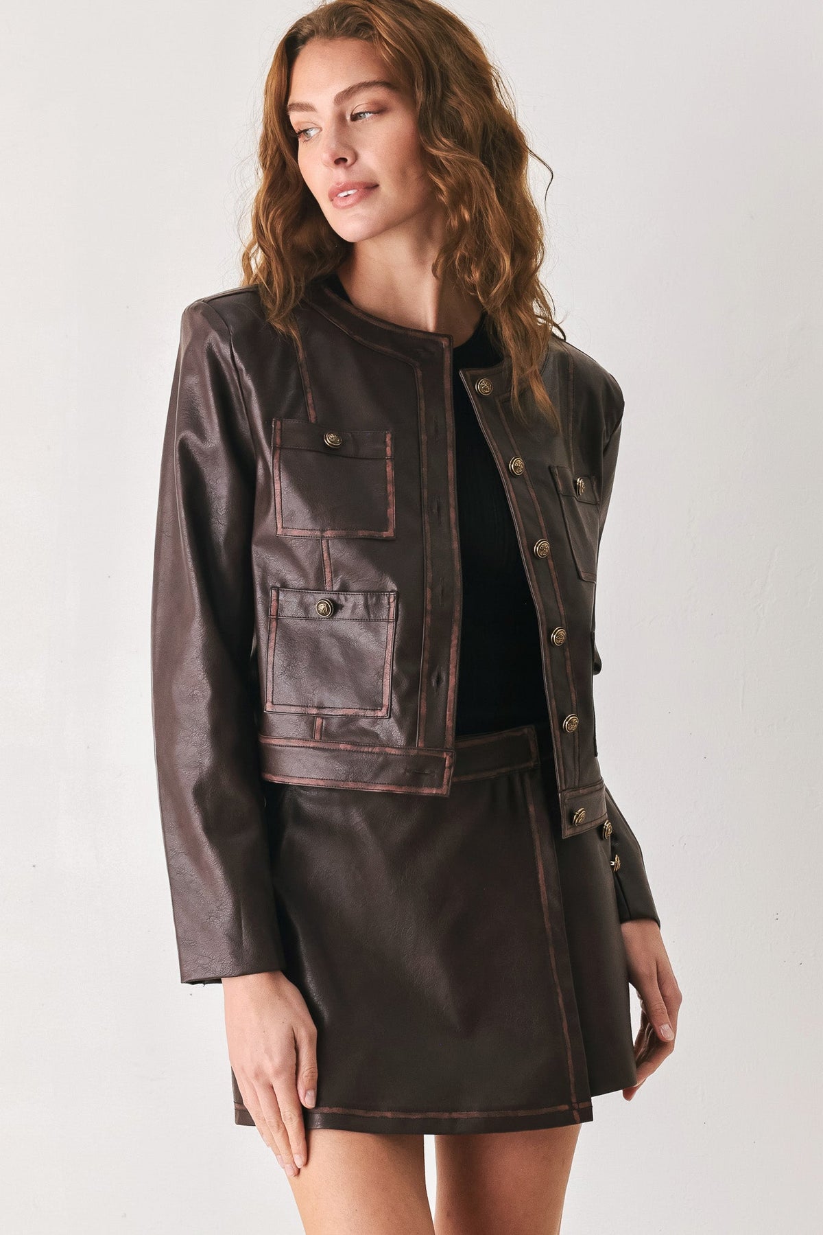 Flying Tomato Saddle Street Brown Faux Leather Cropped Jacket
