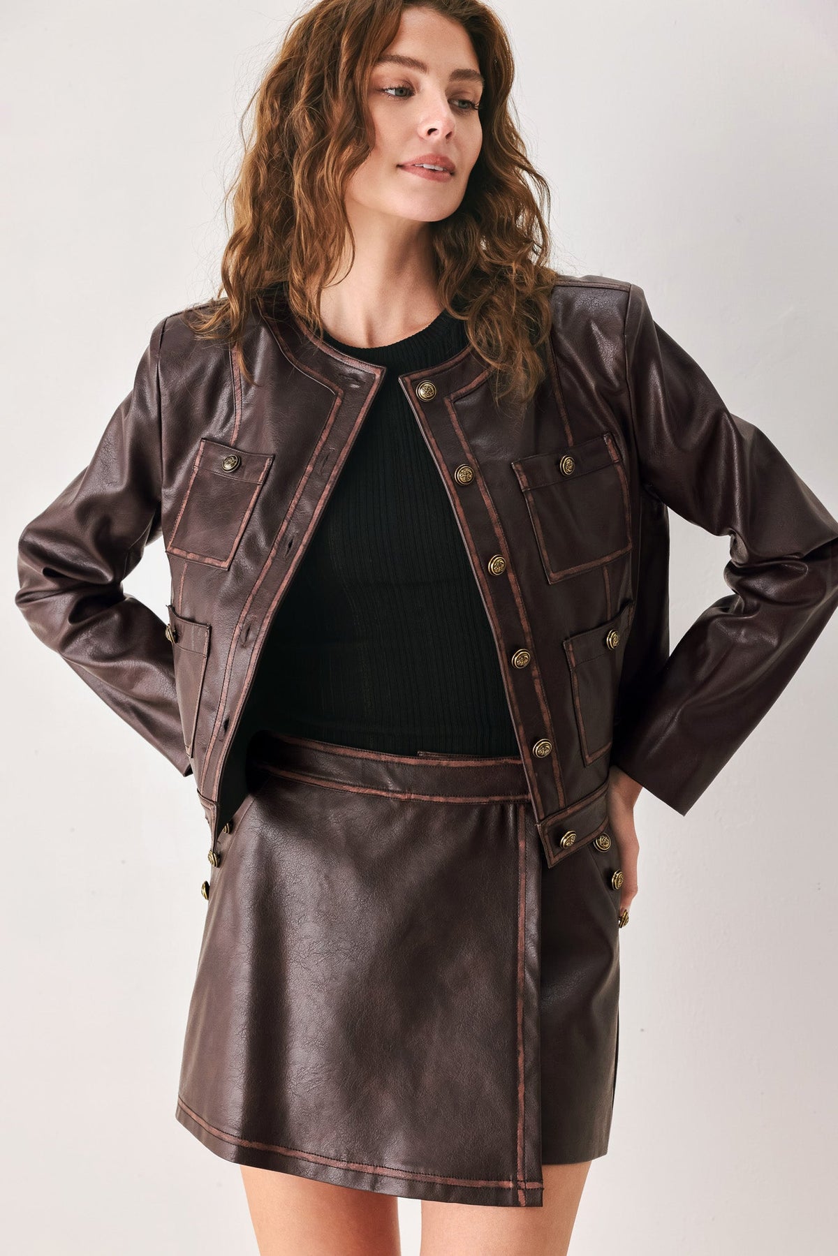 Flying Tomato Saddle Street Brown Faux Leather Cropped Jacket
