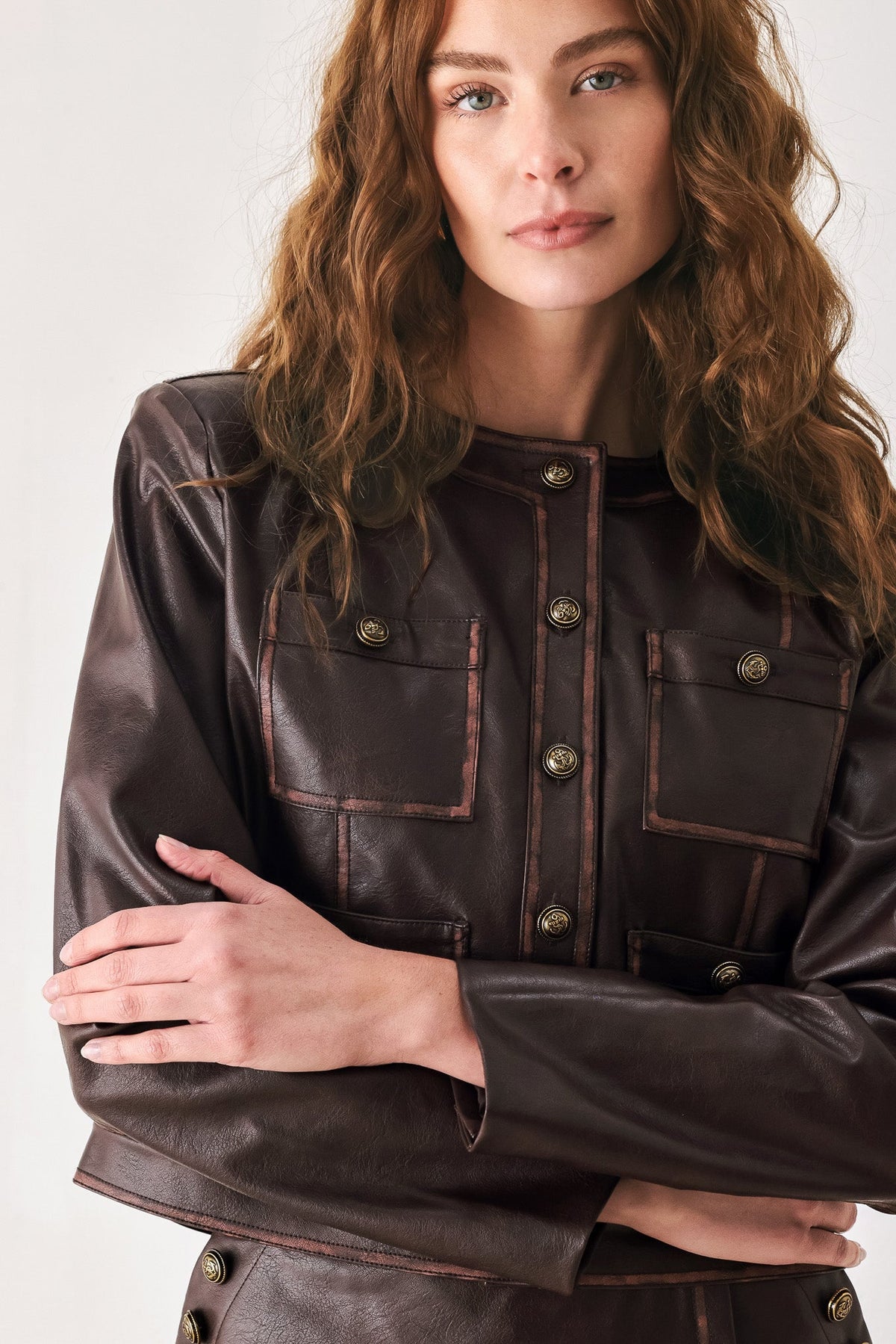 Flying Tomato Saddle Street Brown Faux Leather Cropped Jacket