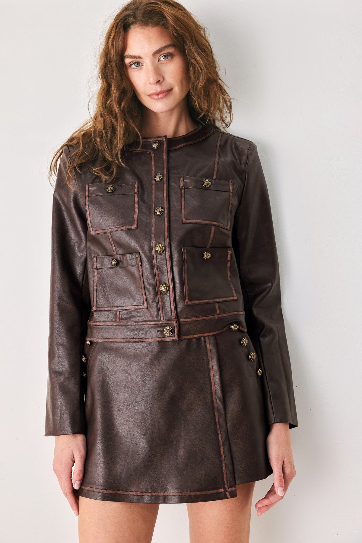 Flying Tomato Saddle Street Brown Faux Leather Cropped Jacket