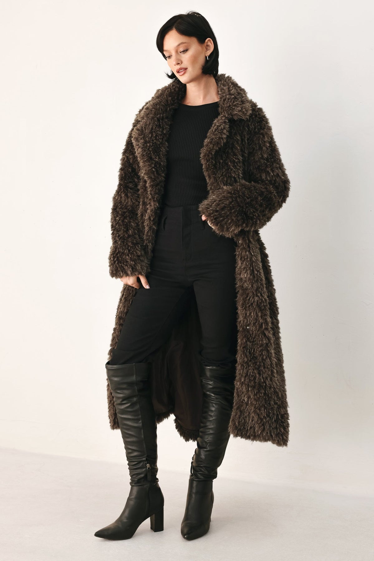 Flying Tomato | Cozy in the City Belted Faux-Fur Midi Coat