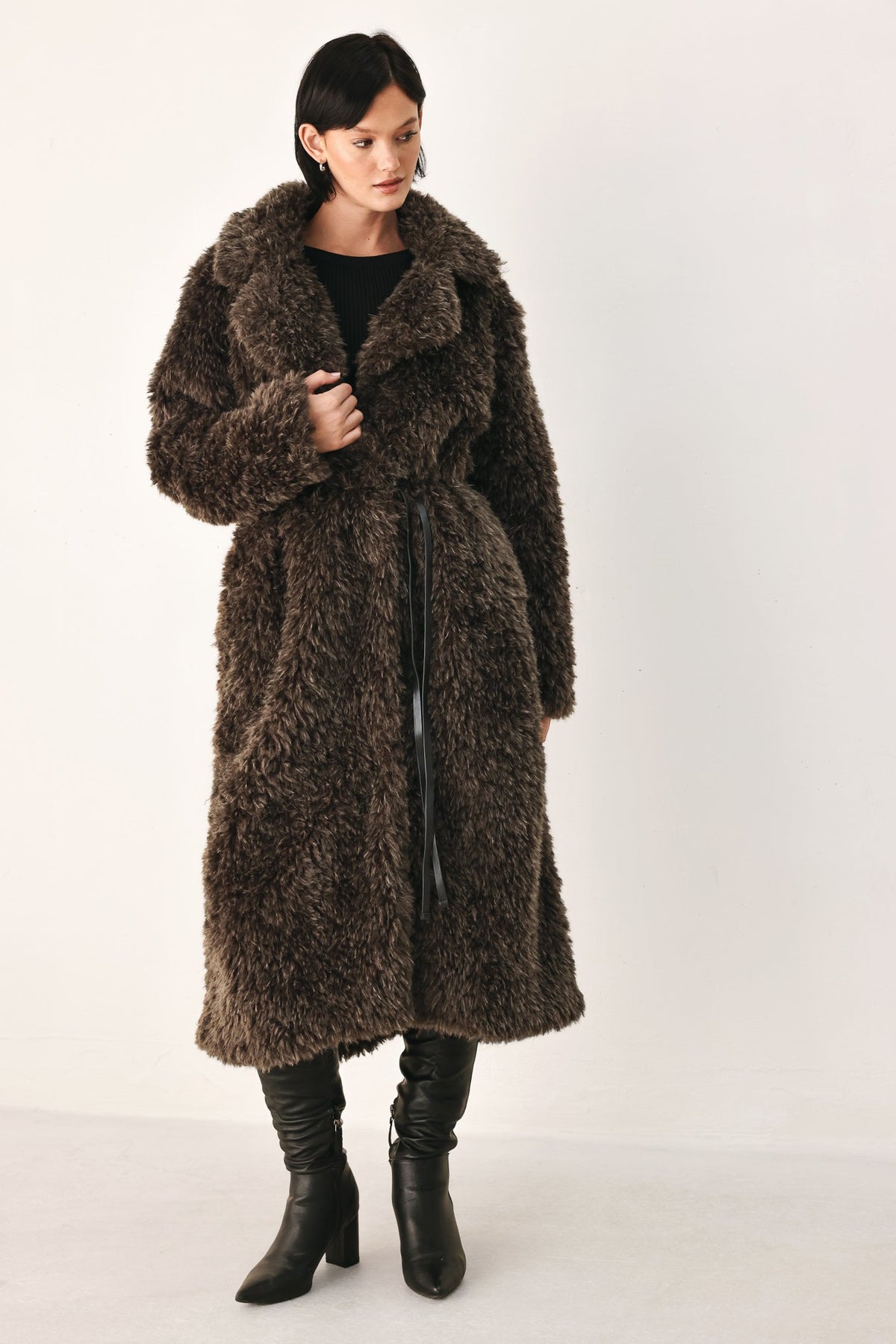 Flying Tomato | Cozy in the City Belted Faux-Fur Midi Coat