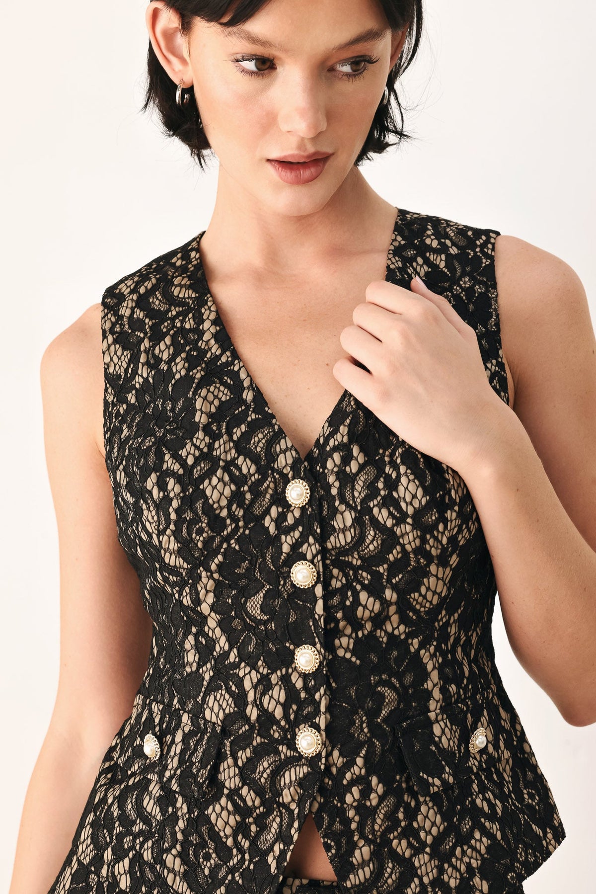 Flying Tomato Lace Theory Black and Camel Lace Vest