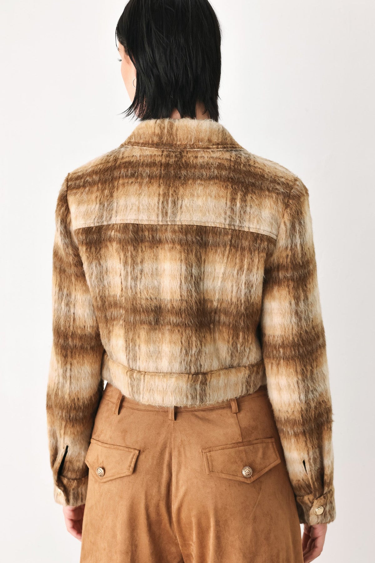 Flying Tomato | Autumn in Aspen Camel Plaid Cropped Jacket