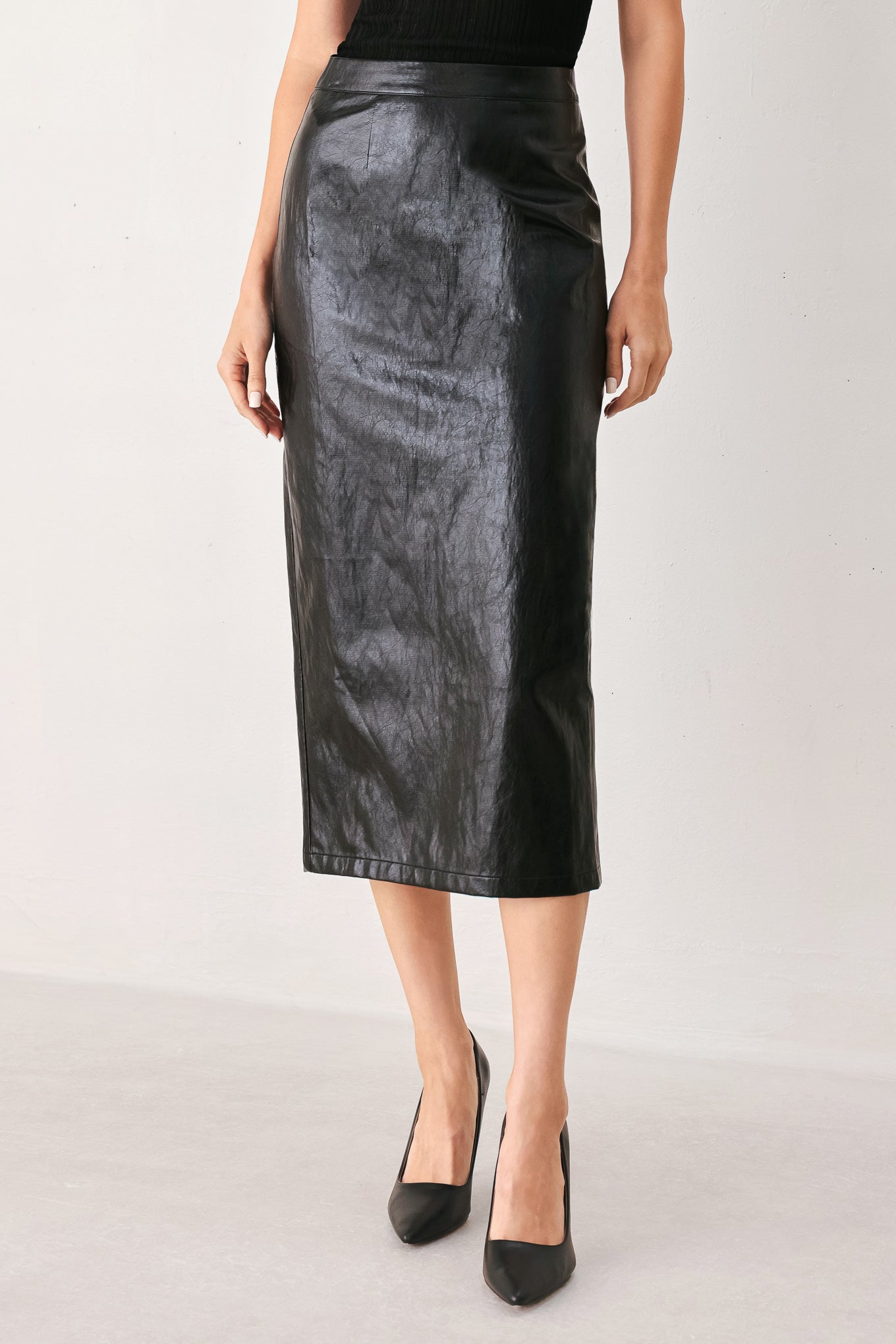 Port Wine High-Rise Faux Leather Midi Skirt