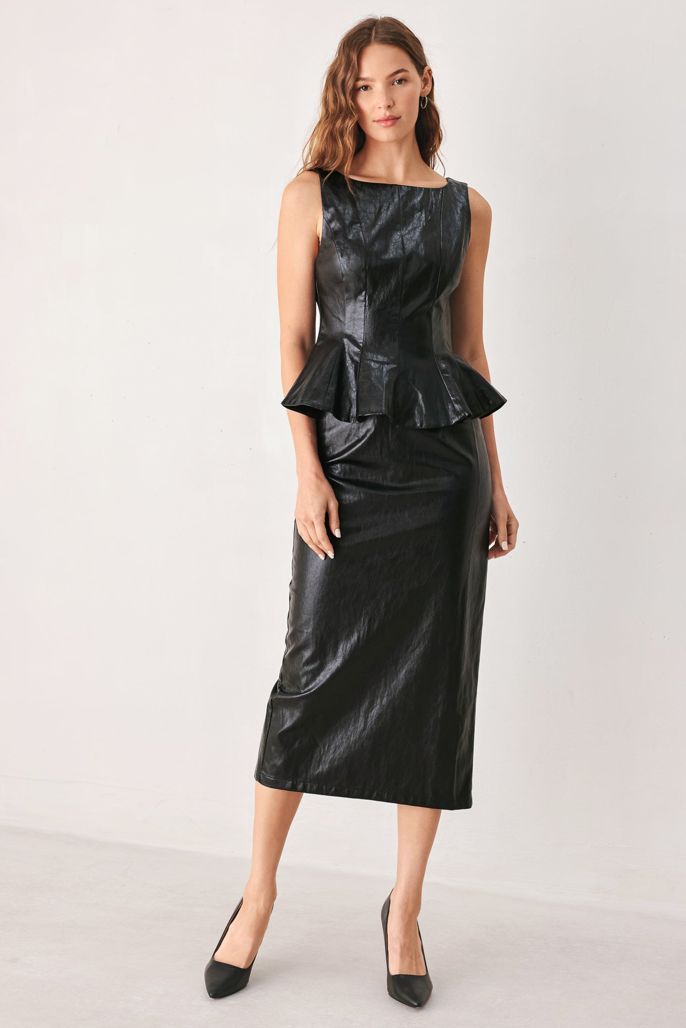 Port Wine High-Rise Faux Leather Midi Skirt