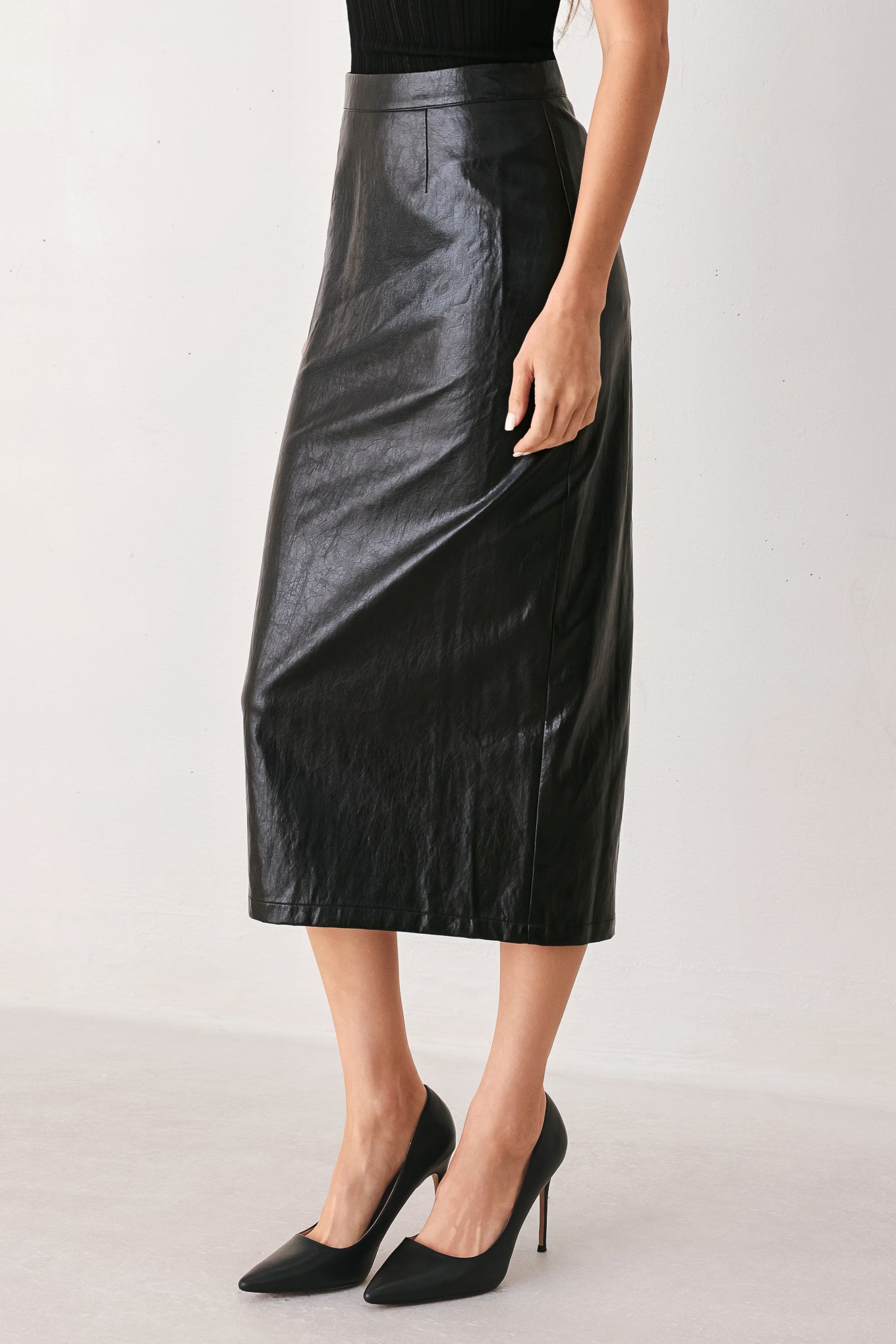 Port Wine High-Rise Faux Leather Midi Skirt