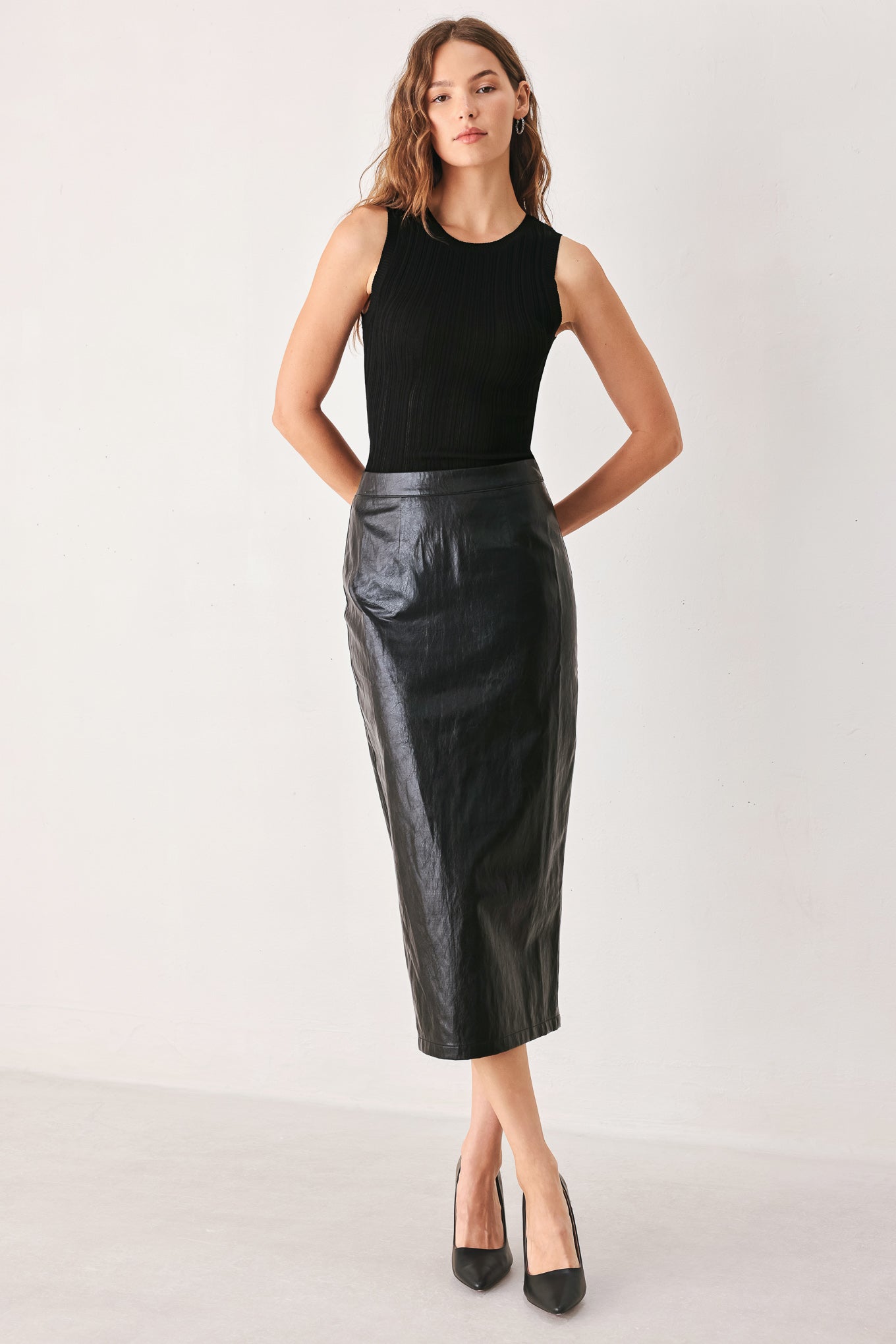 Port Wine High-Rise Faux Leather Midi Skirt
