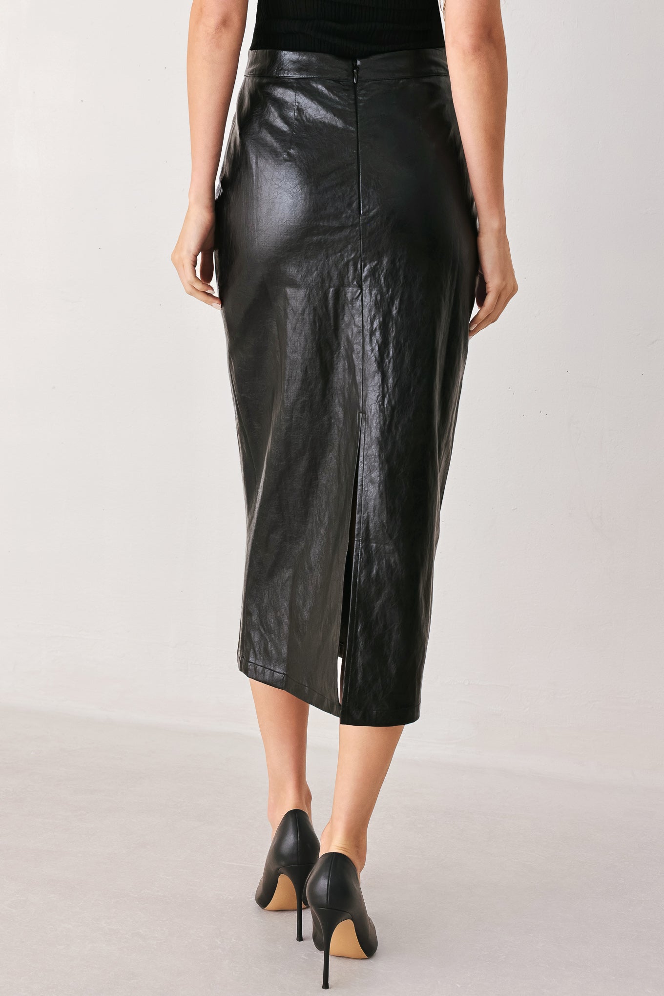 Port Wine High-Rise Faux Leather Midi Skirt