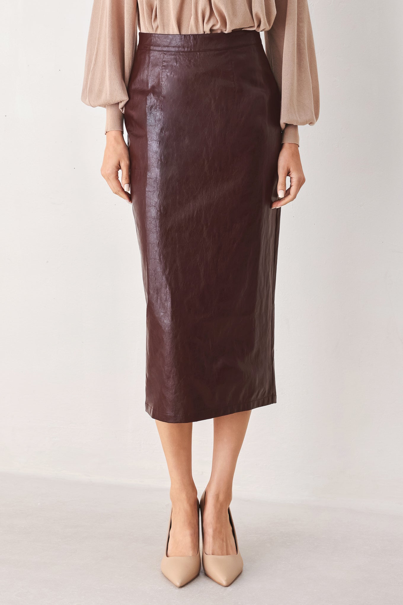 Port Wine High-Rise Faux Leather Midi Skirt