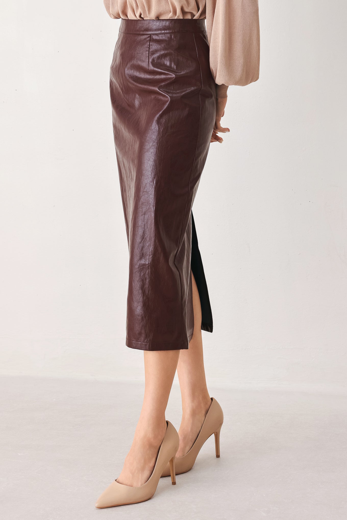 Port Wine High-Rise Faux Leather Midi Skirt