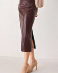 Port Wine High-Rise Faux Leather Midi Skirt