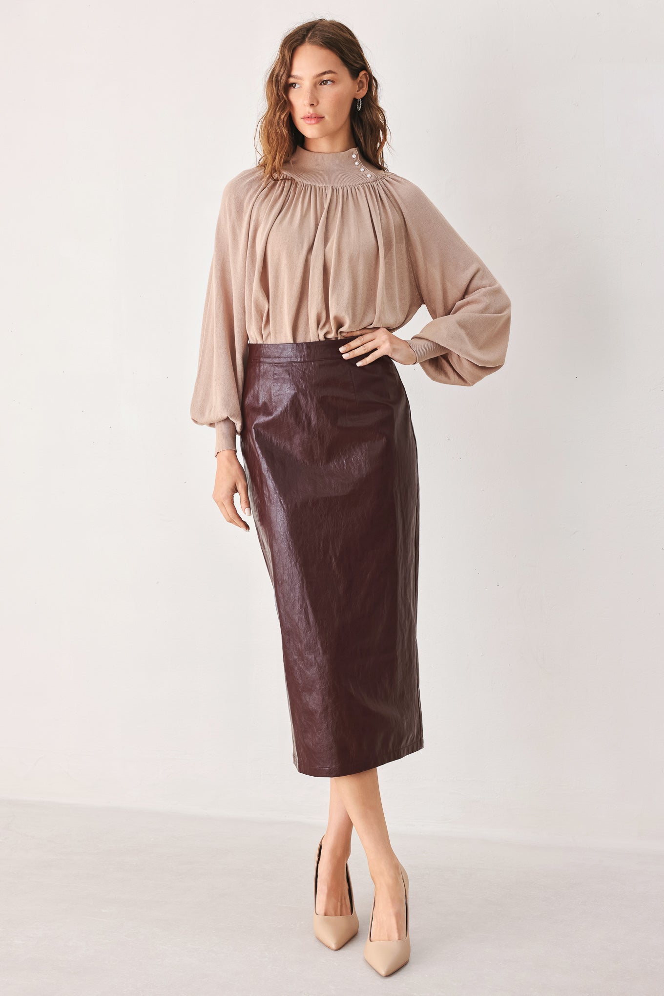 Port Wine High-Rise Faux Leather Midi Skirt