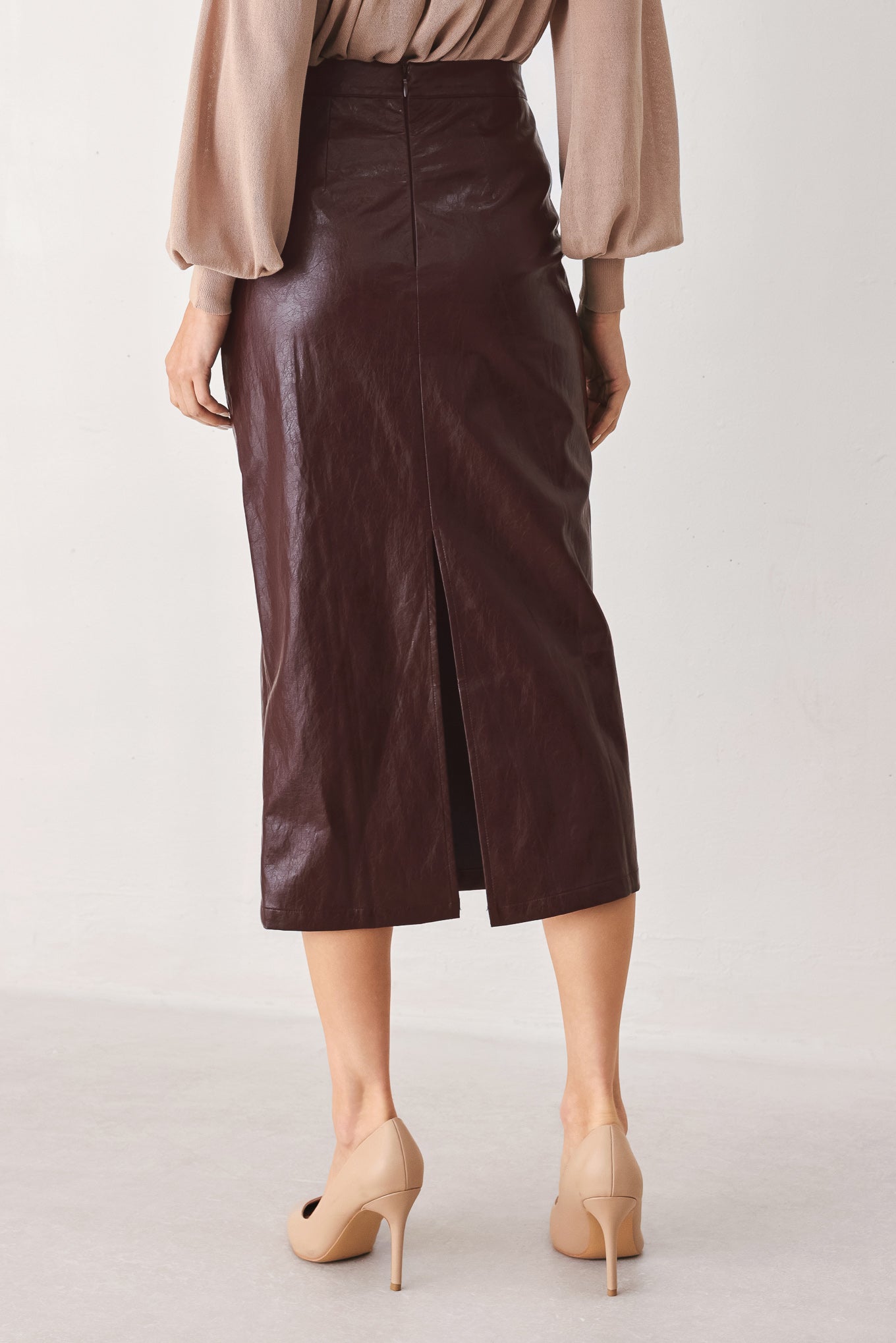 Port Wine High-Rise Faux Leather Midi Skirt