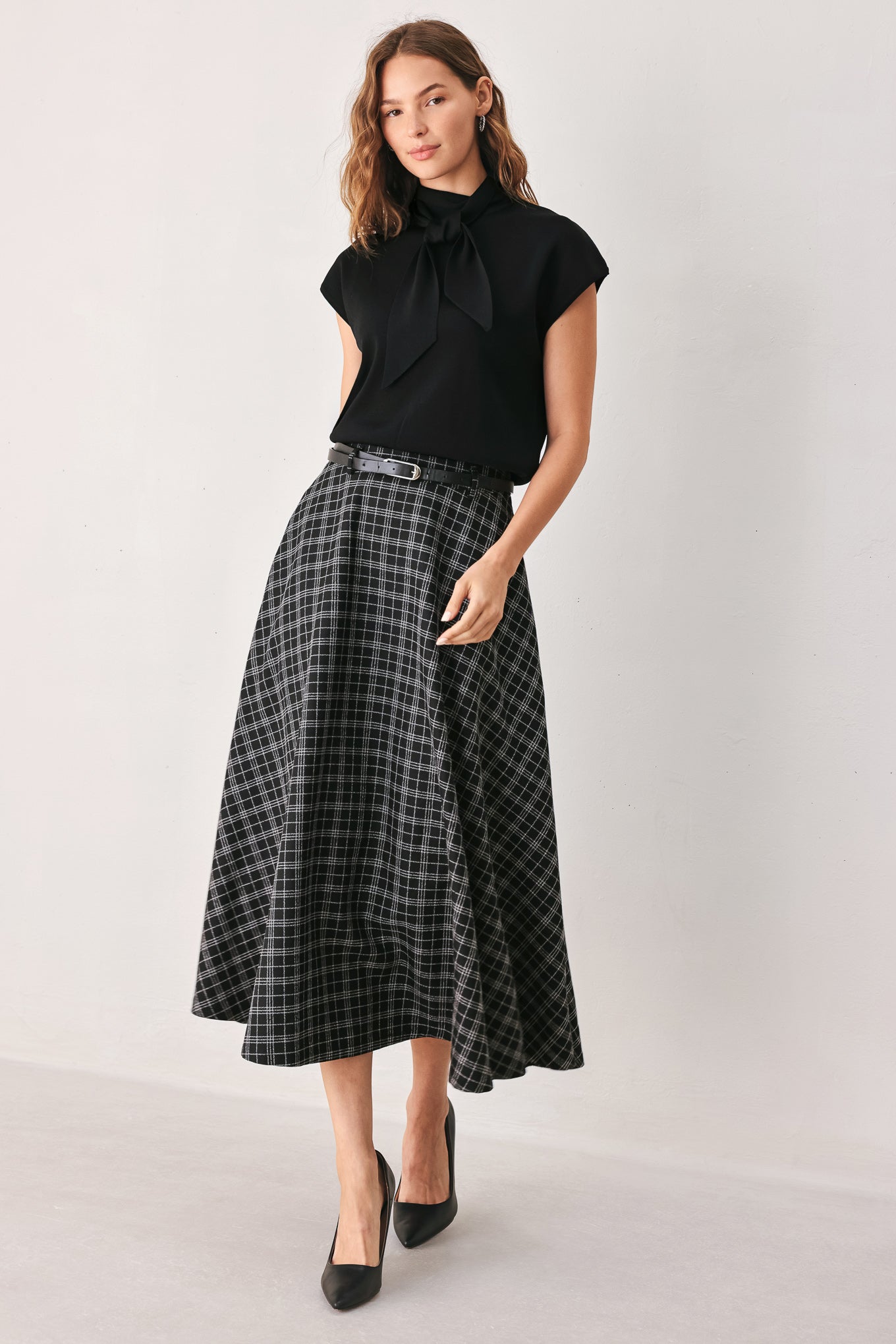 Flying Tomato | Black Plaid Full Midi Skirt