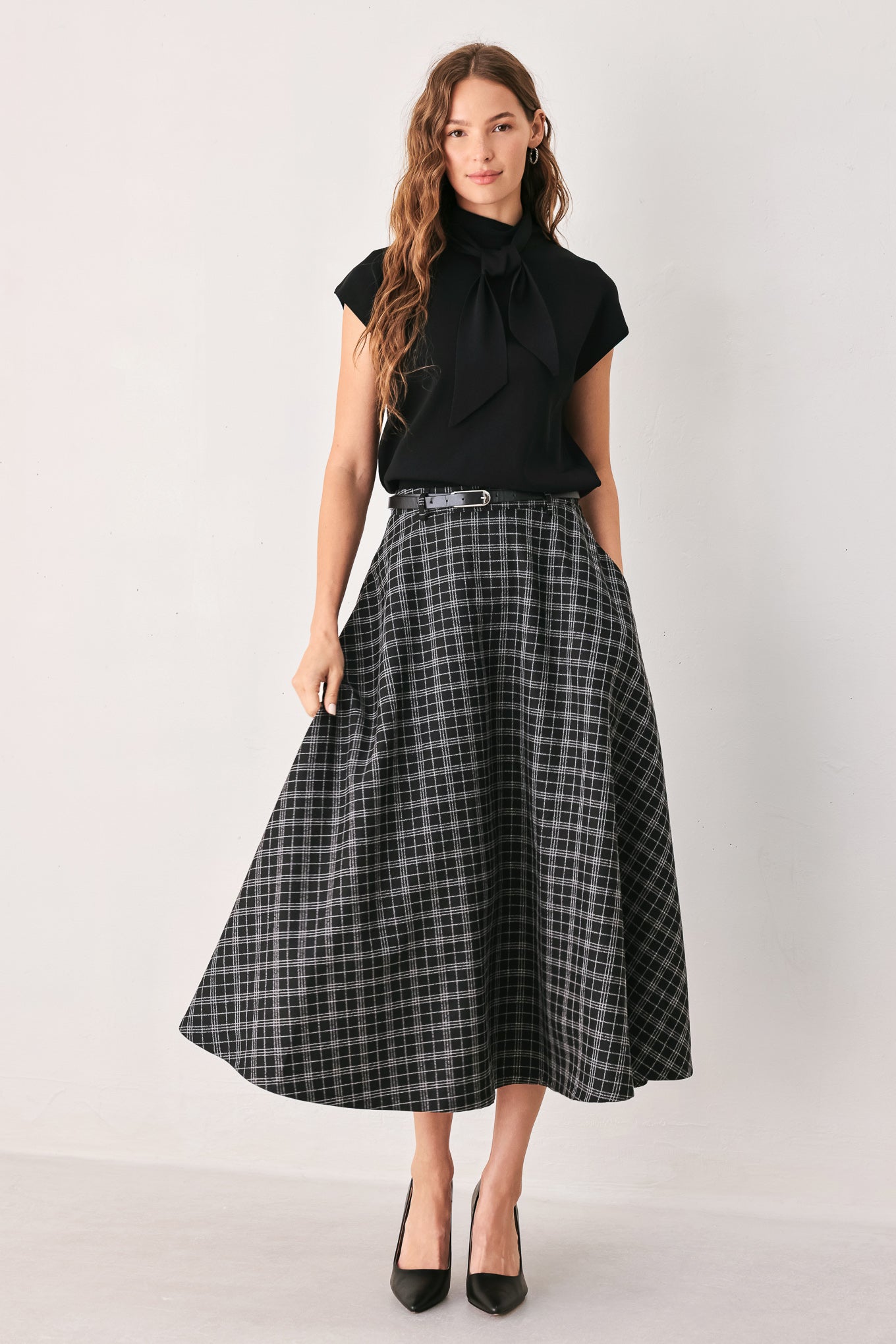 Flying Tomato | Black Plaid Full Midi Skirt