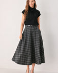 Flying Tomato | Black Plaid Full Midi Skirt