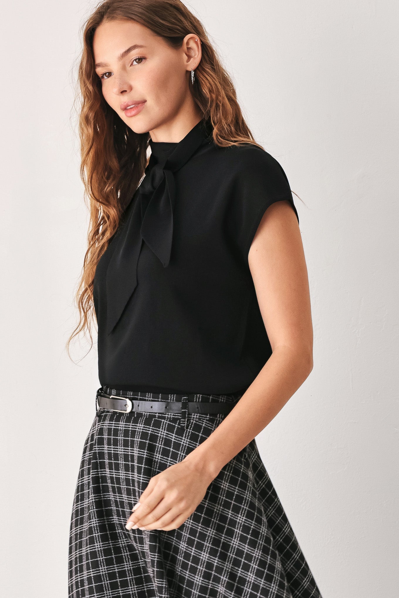 Flying Tomato | Black Plaid Full Midi Skirt